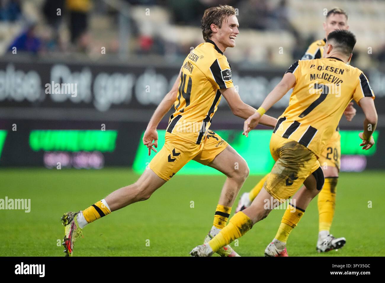 Fisker Sign Double goal scorer Julius Madsen from AC Horsens celebrates during the ...