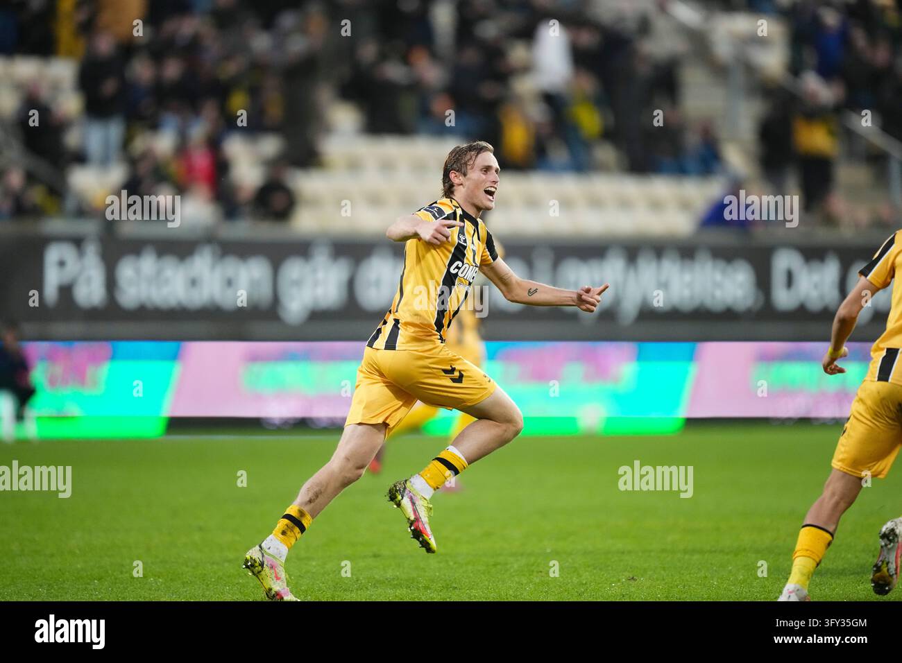 Fisker Sign Double goal scorer Julius Madsen from AC Horsens celebrates during the ...