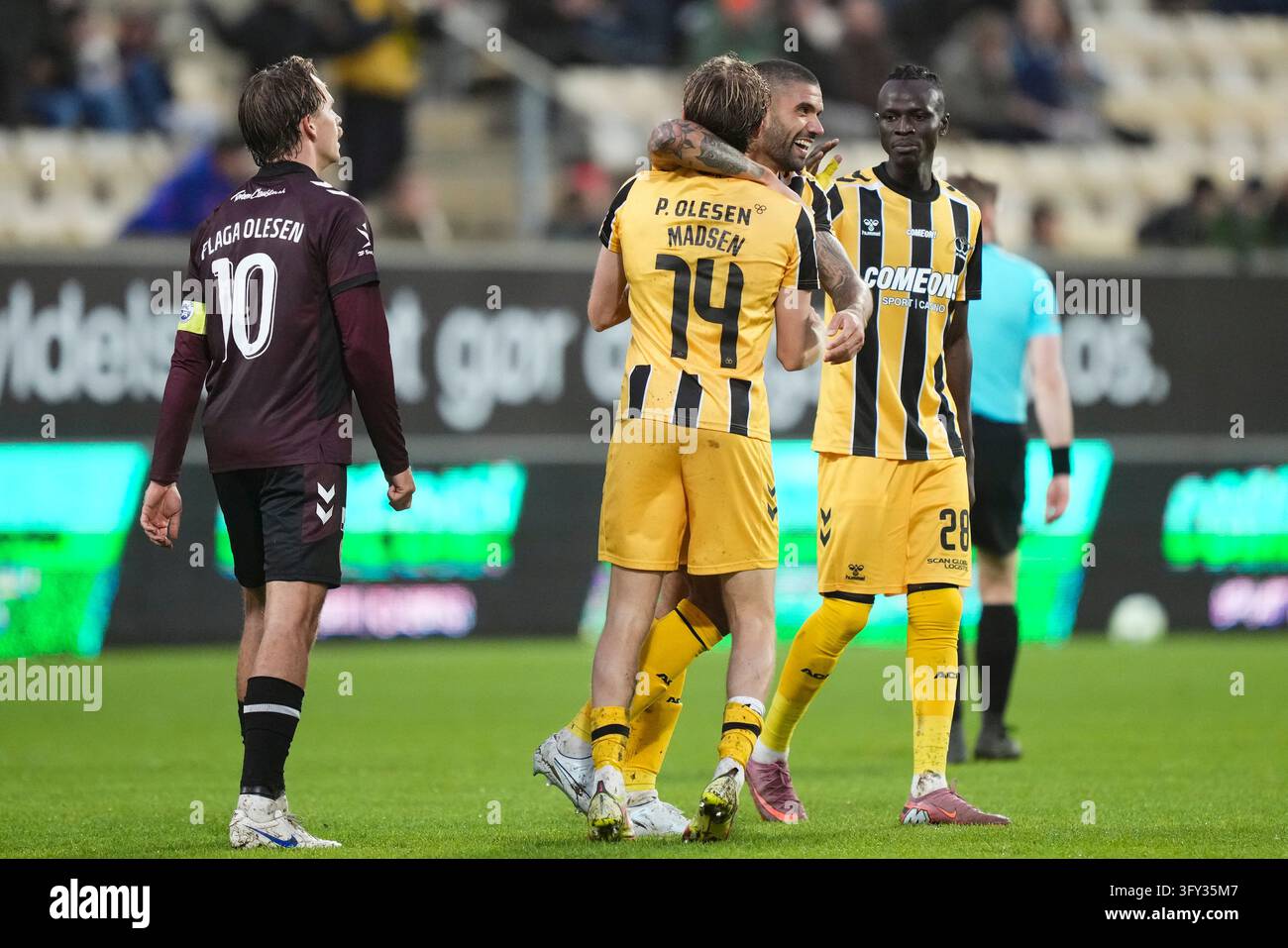 Fisker Sign Double goal scorer Julius Madsen from AC Horsens celebrates during the ...