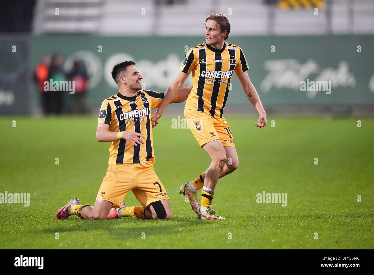 Fisker Sign Double goal scorer Julius Madsen from AC Horsens celebrates during the ...
