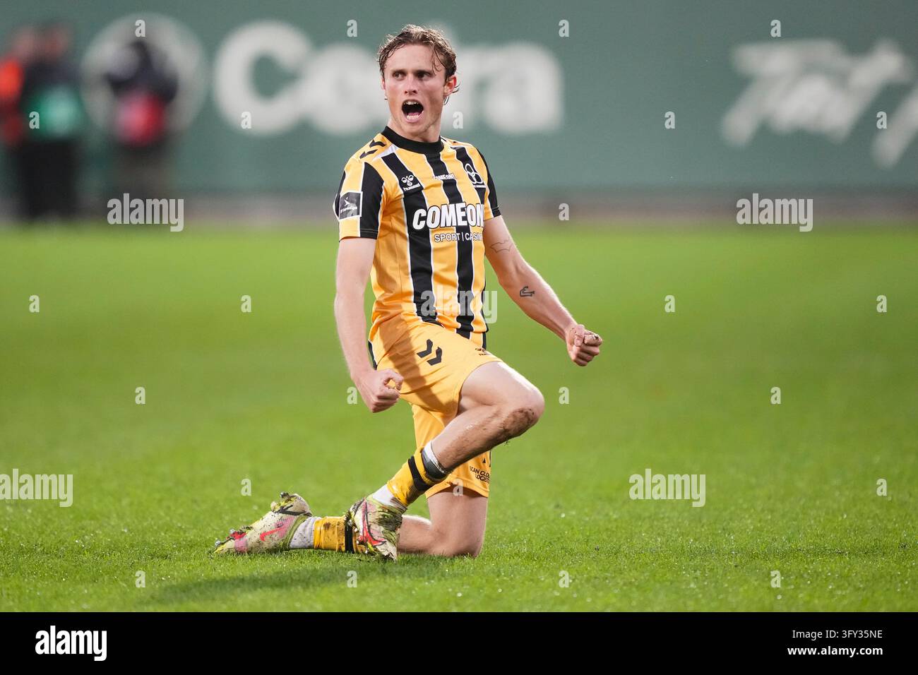Fisker Sign Double goal scorer Julius Madsen from AC Horsens celebrates during the ...