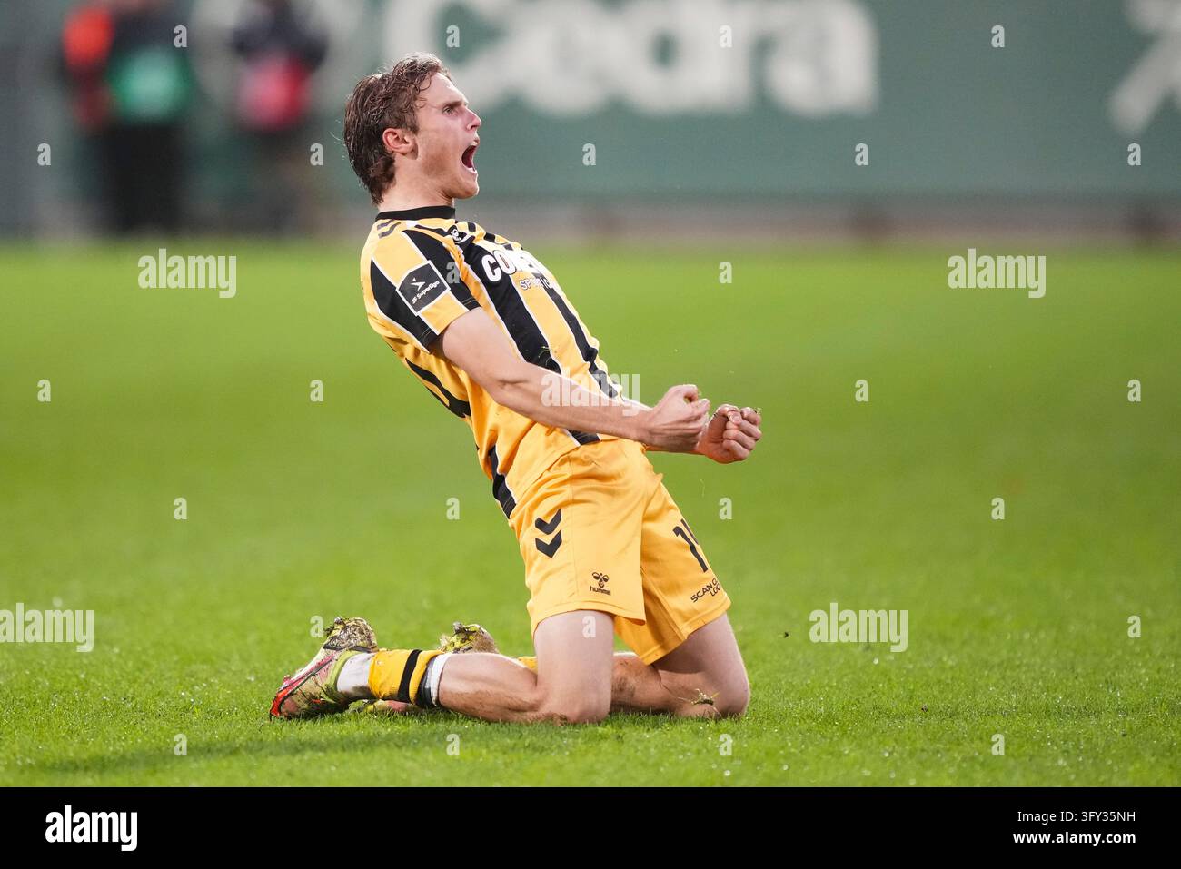 Fisker Sign Double goal scorer Julius Madsen from AC Horsens celebrates during the ...
