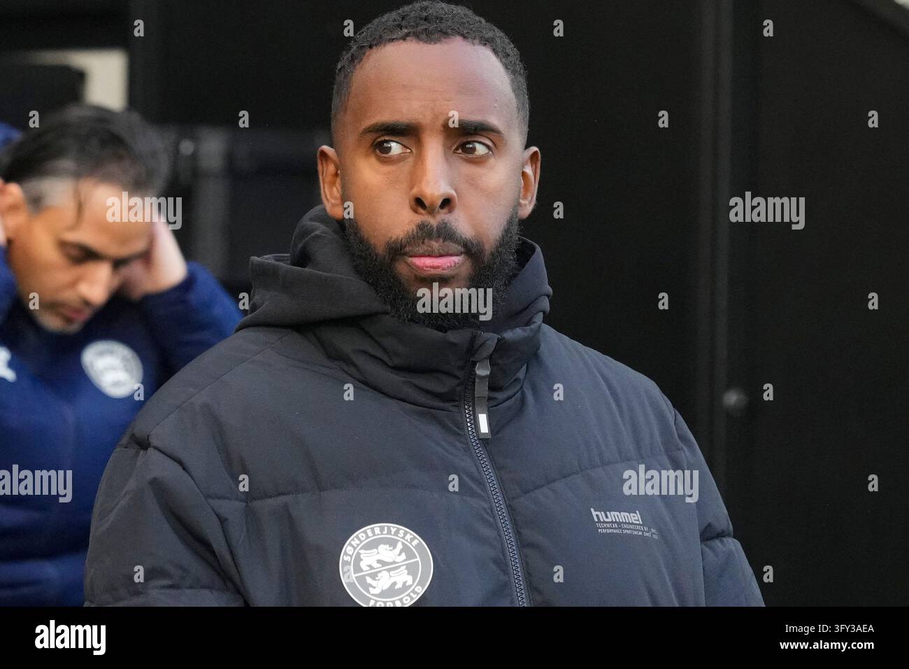 Fisker Sign Fatah Abdirahman coaches Soenderjyske during the Superliga match ...
