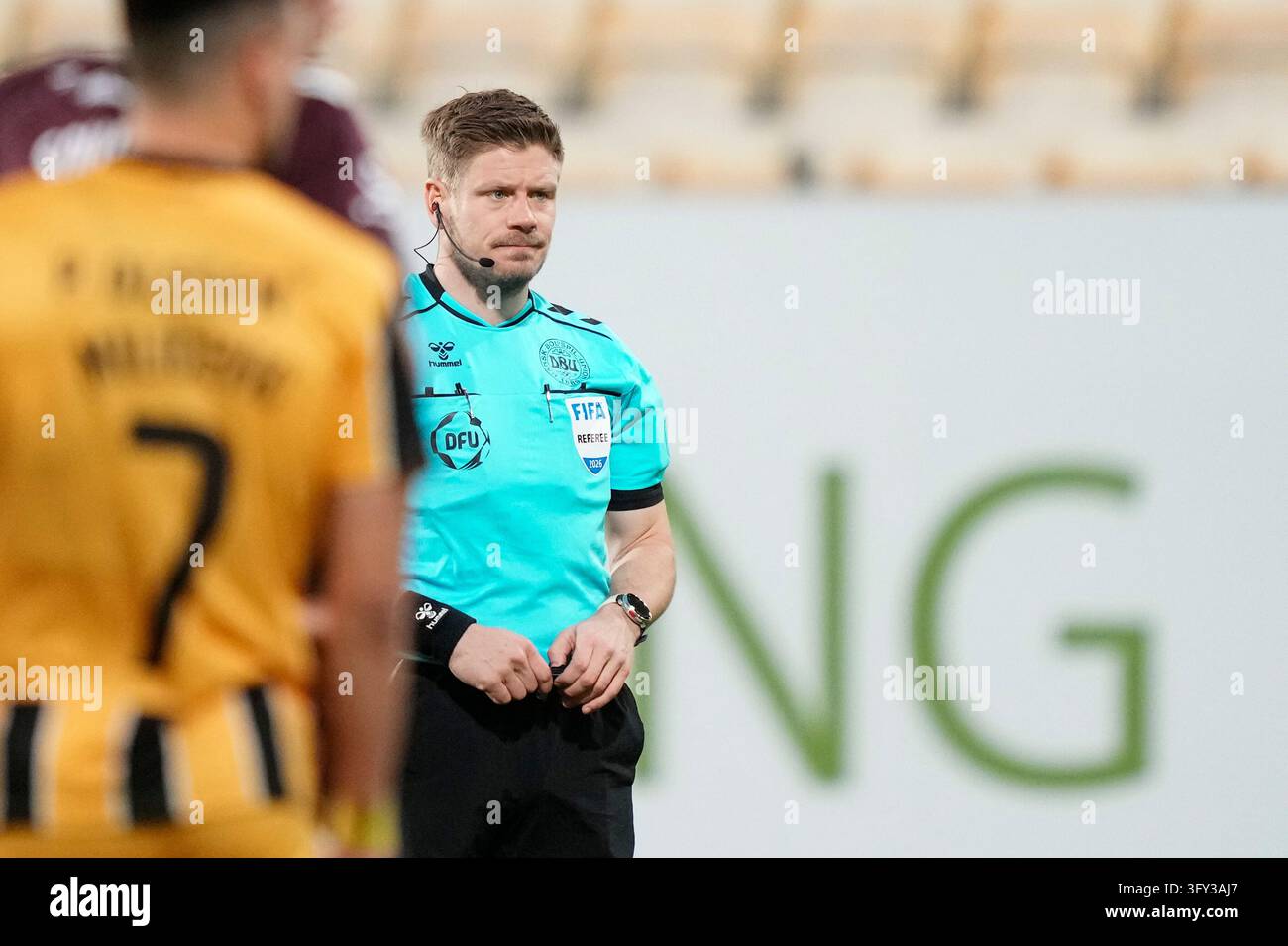 Fisker Sign Referee Jakob Sundberg during the Superliga match between AC Horsens ...