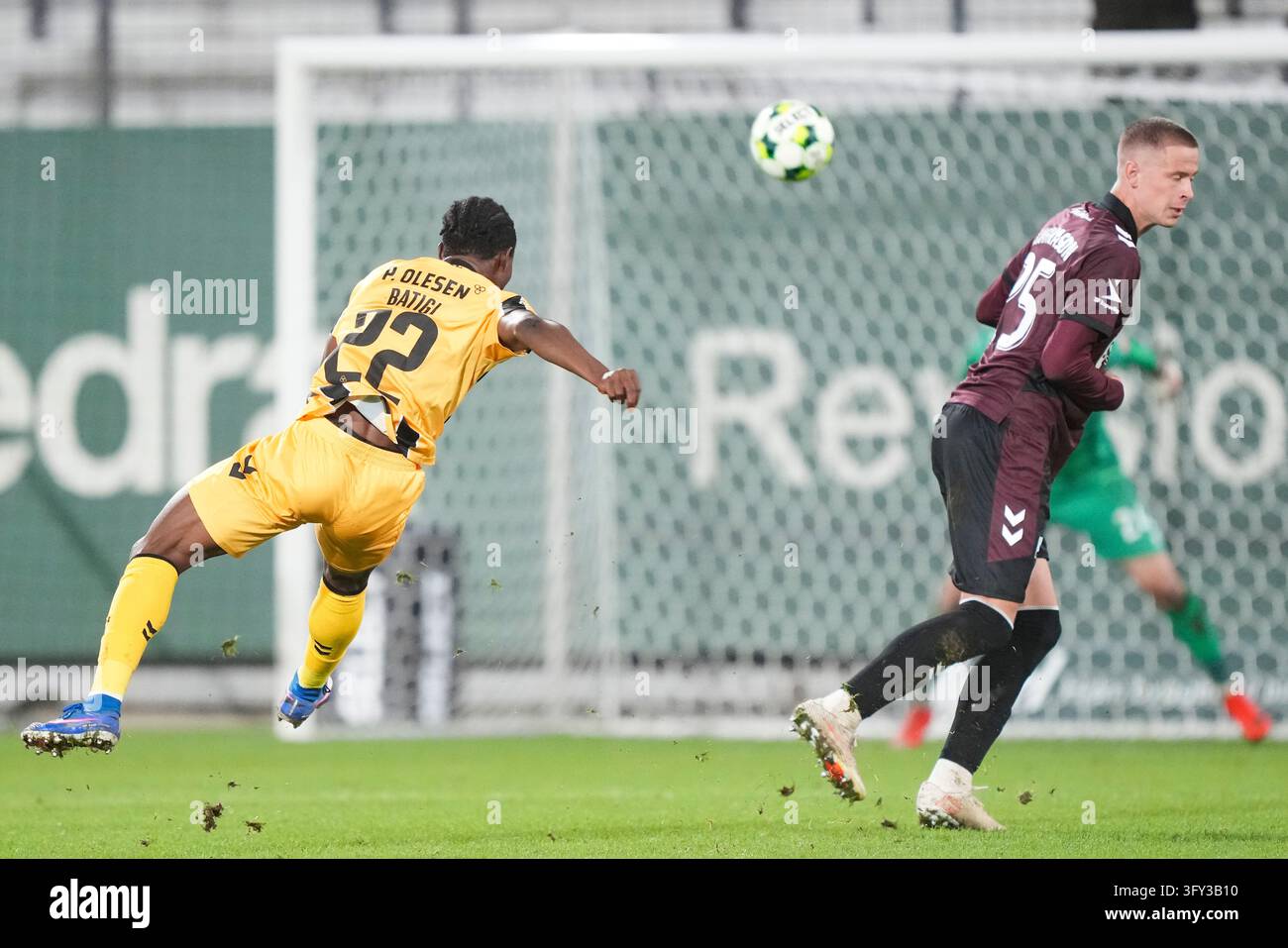 Fisker Sign John Batigi from AC Horsens scores during the Superliga match between ...
