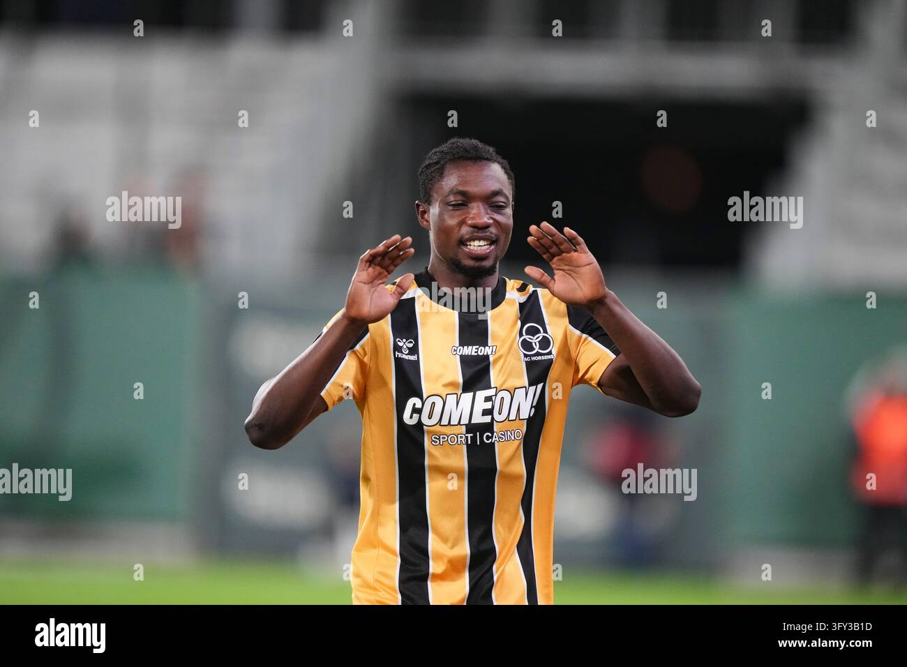 Fisker Sign John Batigi from AC Horsens scores during the Superliga match between ...