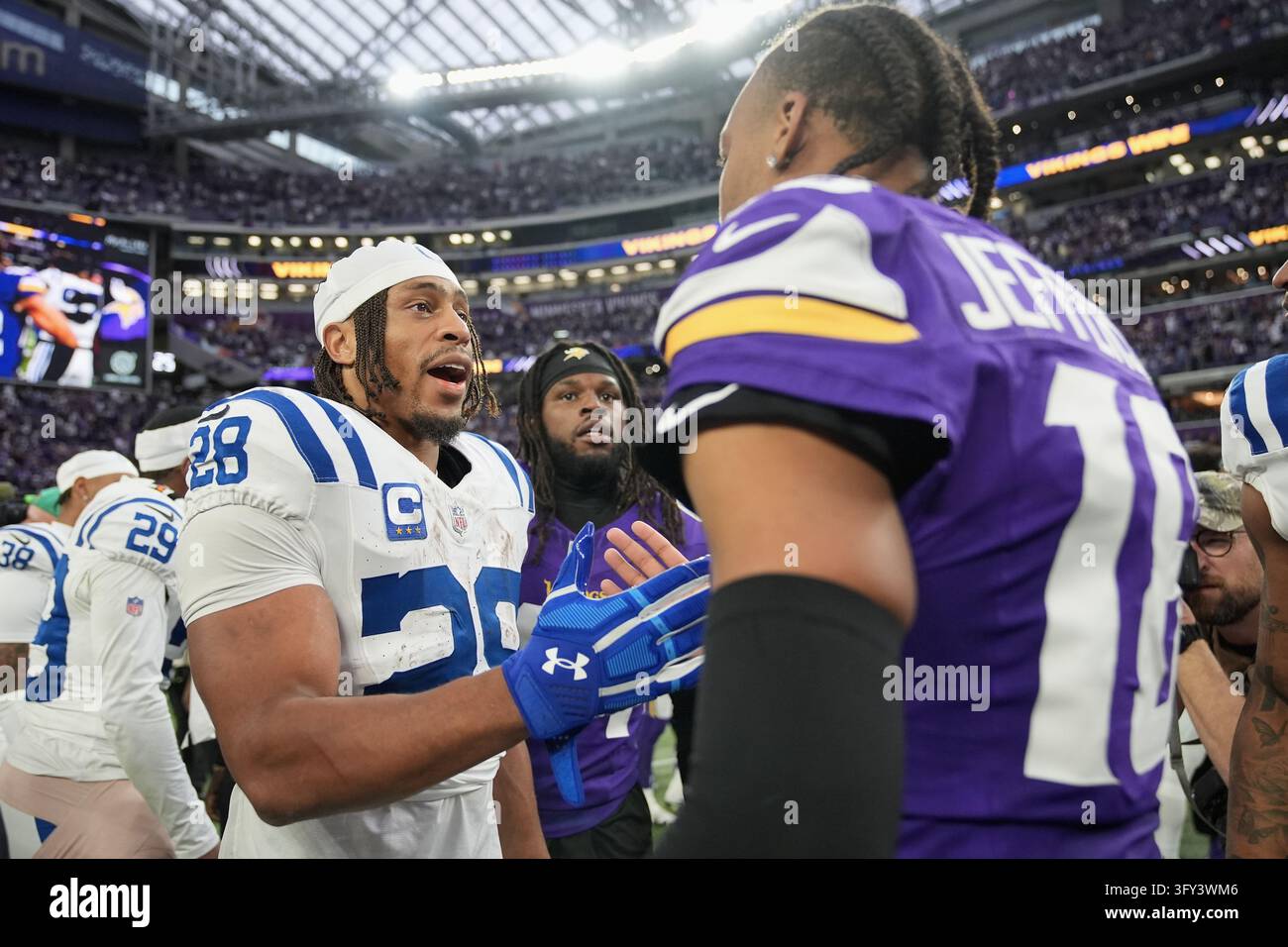 Indianapolis Colts running back Jonathan Taylor (28) greets Minnesota ...