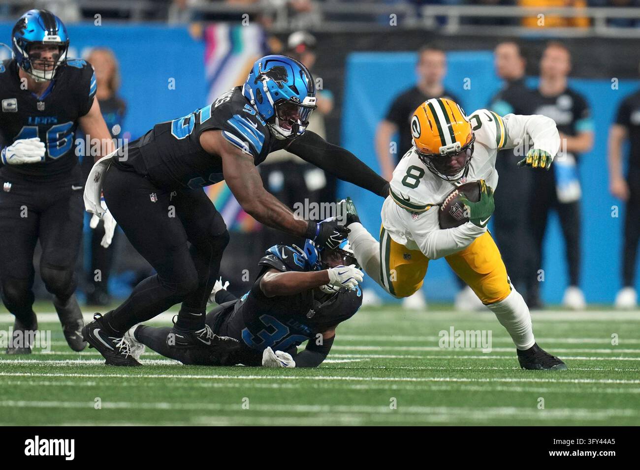 Jacobs Vector Green Bay Packers running back Josh Jacobs (8) is tackled by Detroit ...