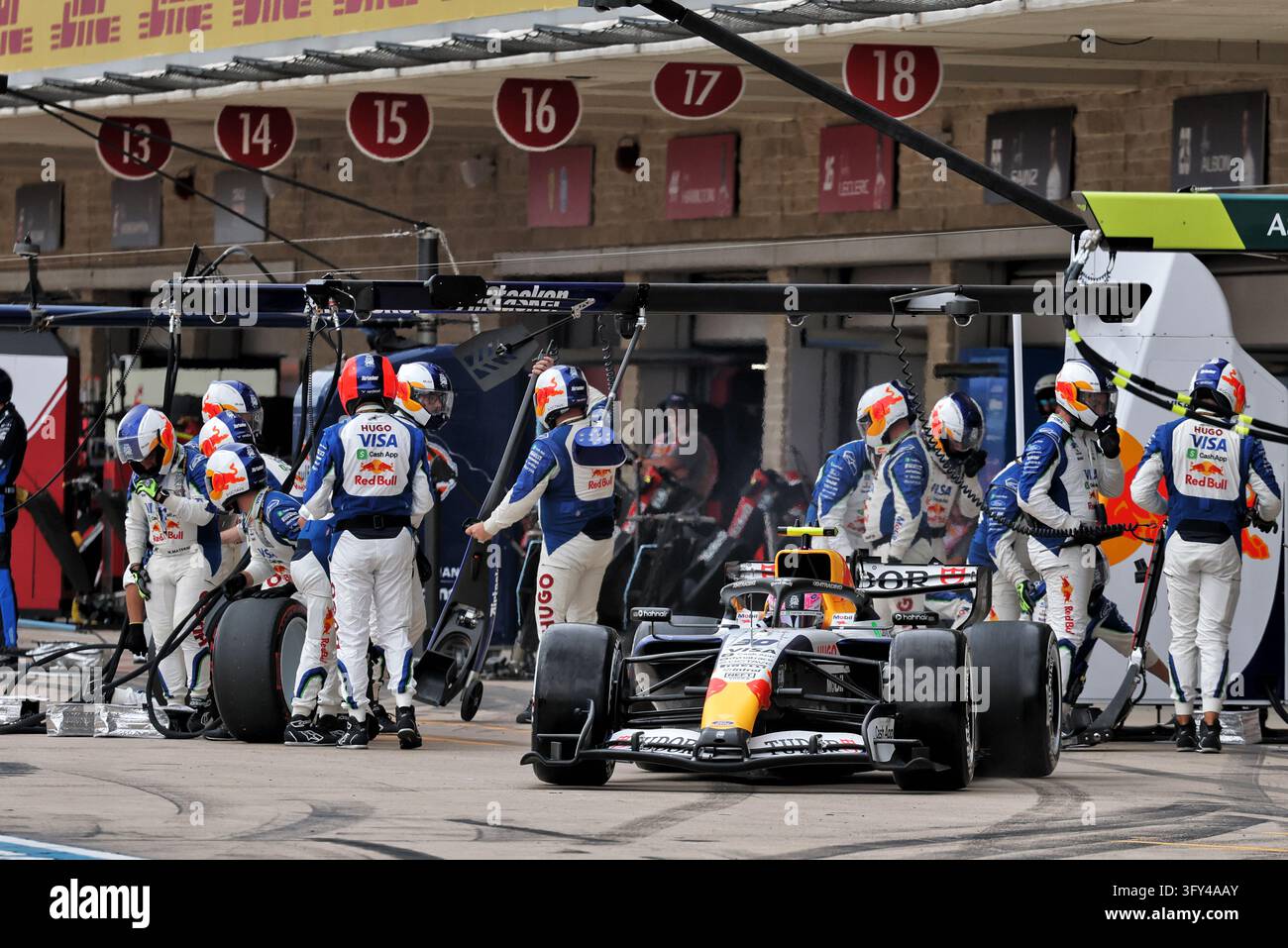 One Stop Software Liam Lawson (NZL) Racing Bulls Formula One Team VCARB 03 makes a pit ...