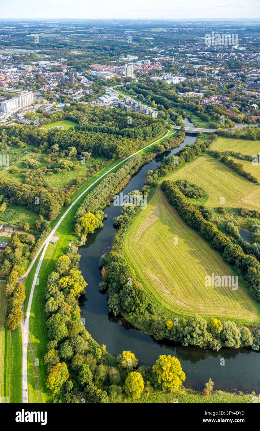 Luftbild, Fluss Lippe und Radweg mot Lippebrücke Konrad-Adenauer-Straße ...
