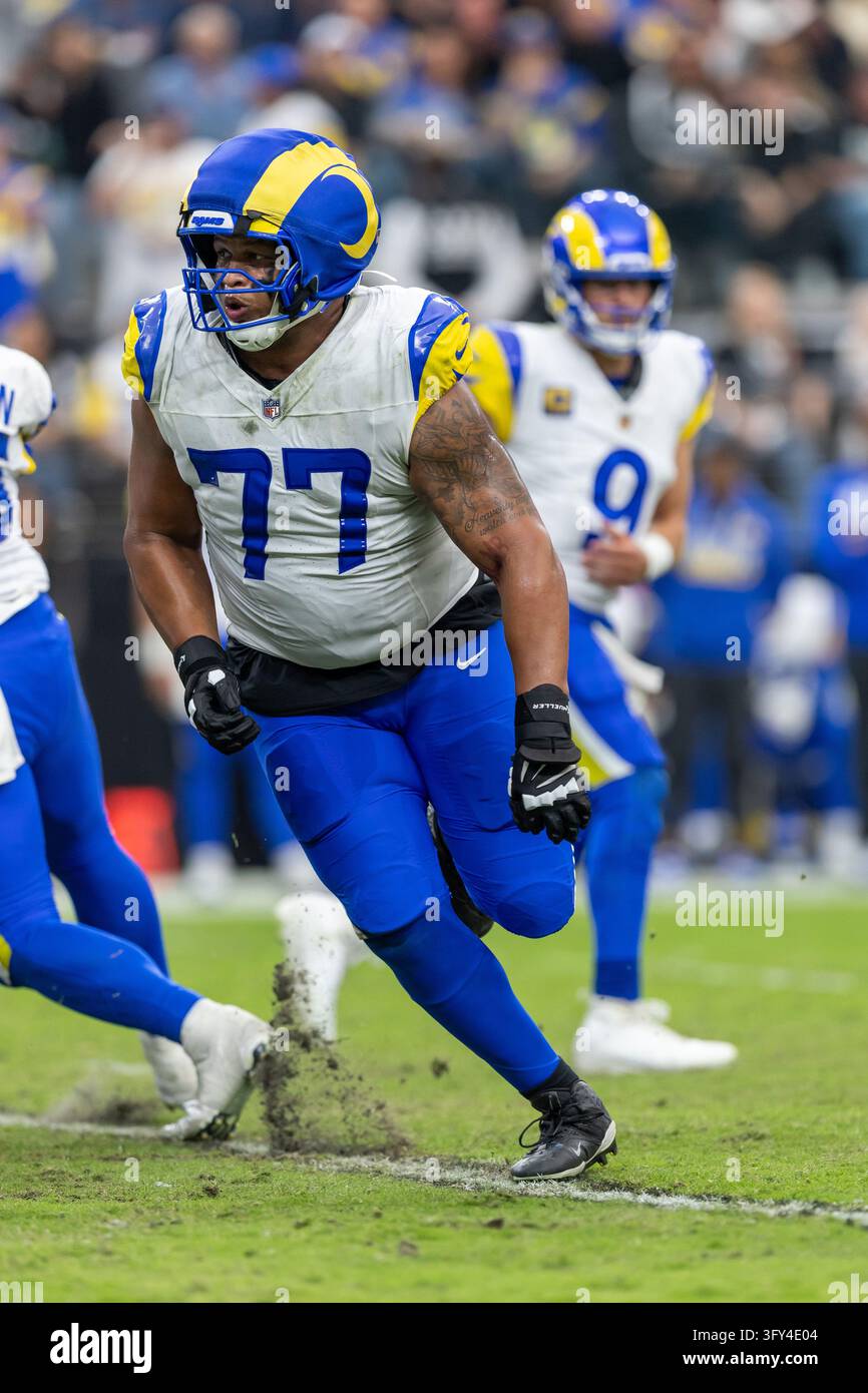 Football Block Image Vector Los Angeles Rams tackle Alaric Jackson (77) blocks against the Las ...