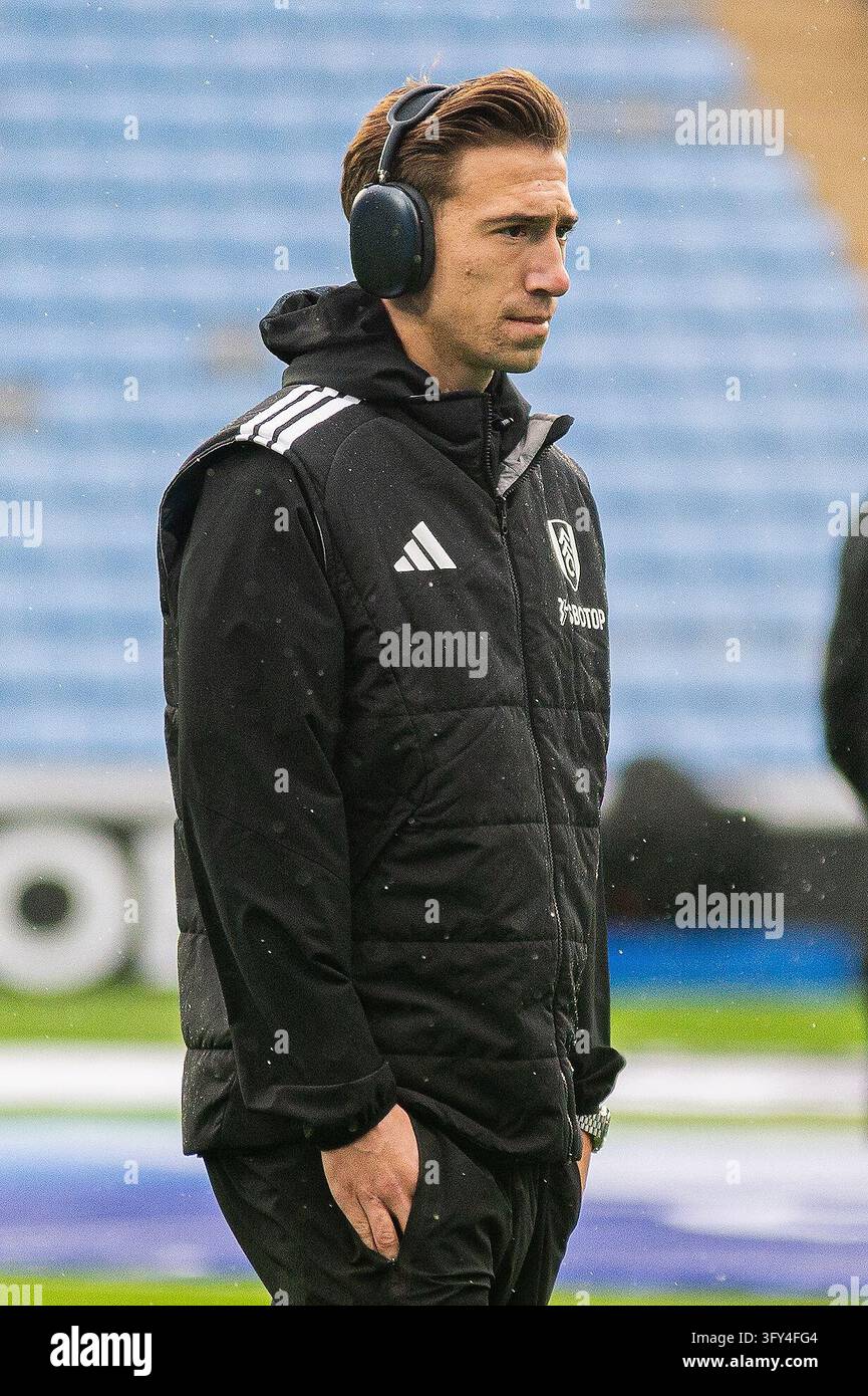 David Affengruber of Fulham FC inspects the pitch ahead of the Coventry ...