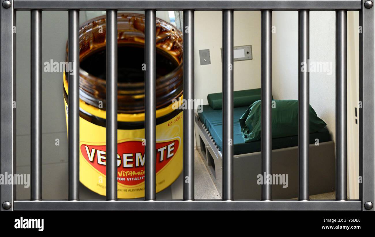 A composite of a jar of Vegemite pictured against a prison backdrop ...