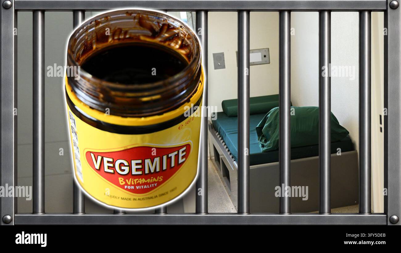 A composite of a jar of Vegemite pictured against a prison backdrop ...