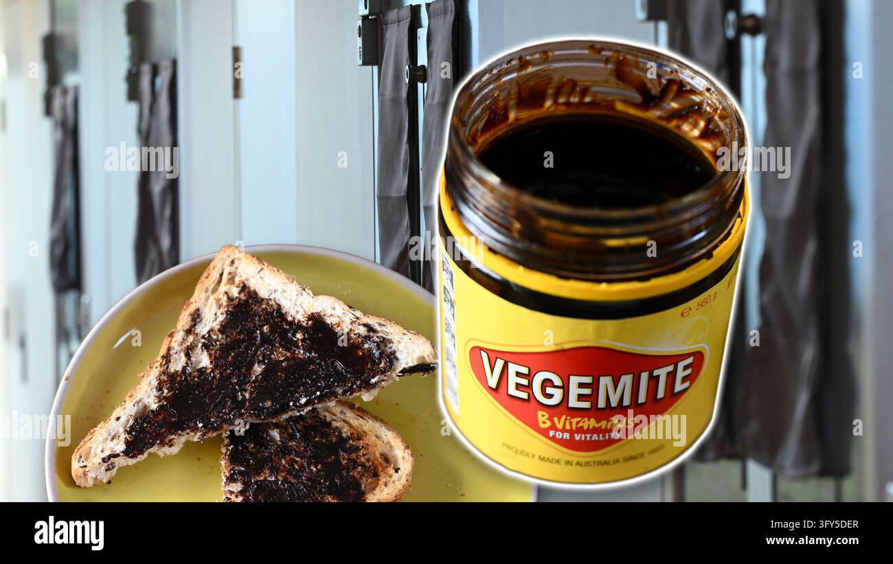 A composite of a jar of Vegemite pictured against a prison backdrop ...