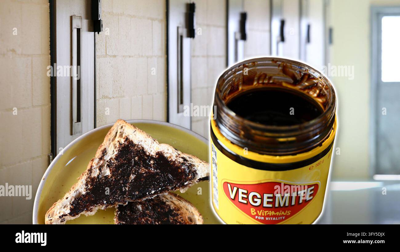 A composite of a jar of Vegemite pictured against a prison backdrop ...