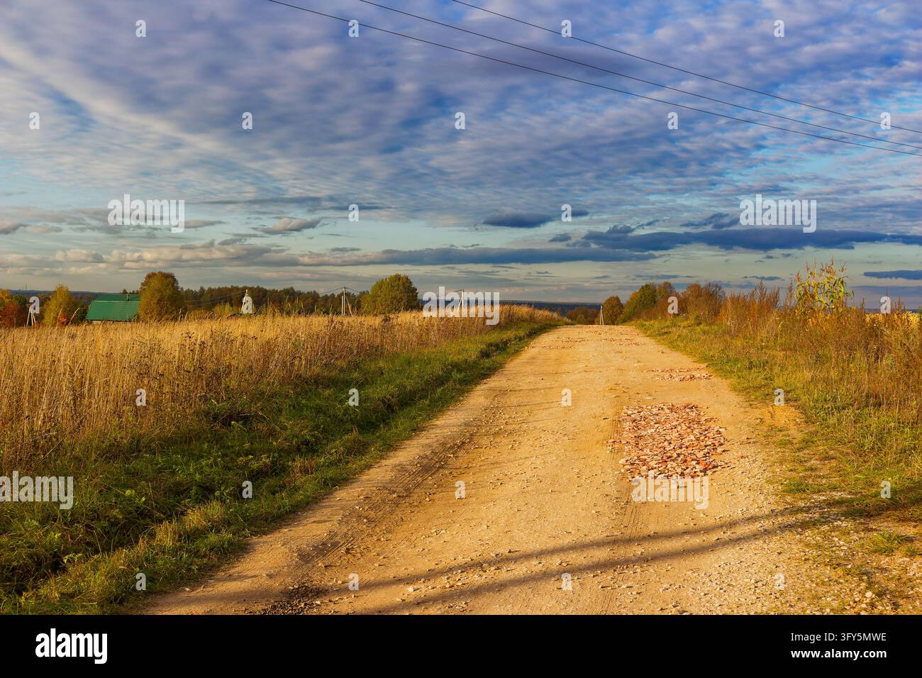 Rustic country dirt road patched with broken red bricks winding through ...