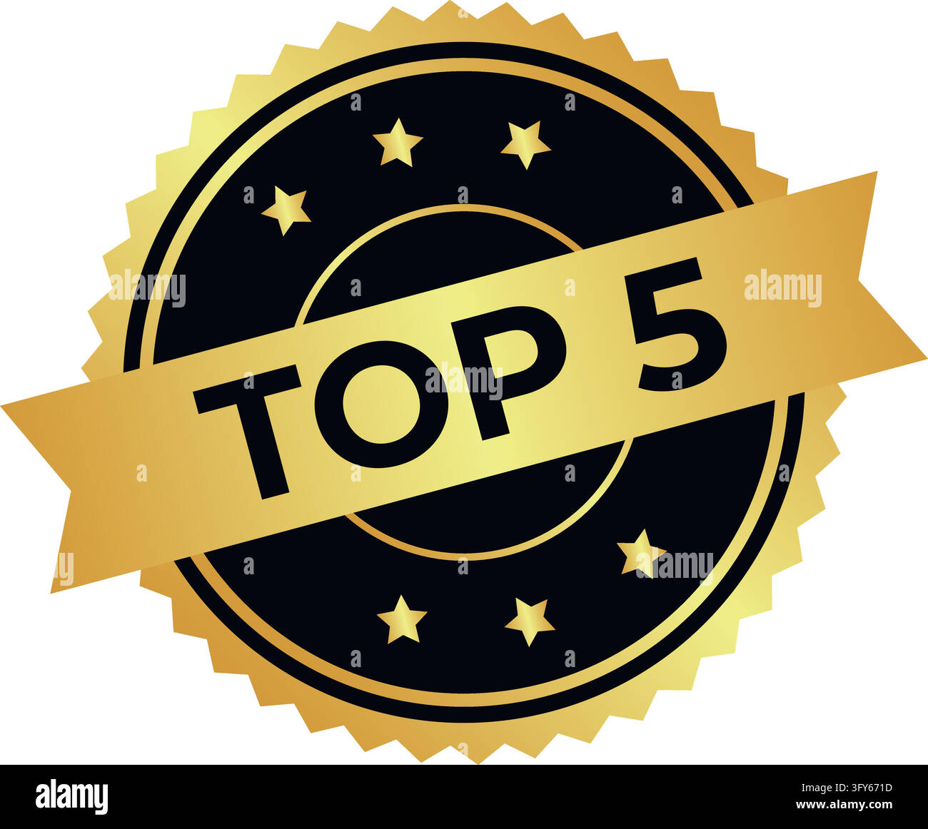Black and gold top 5 badge with ribbon banner and stars vector illustration isolated on white background Stock Vector
