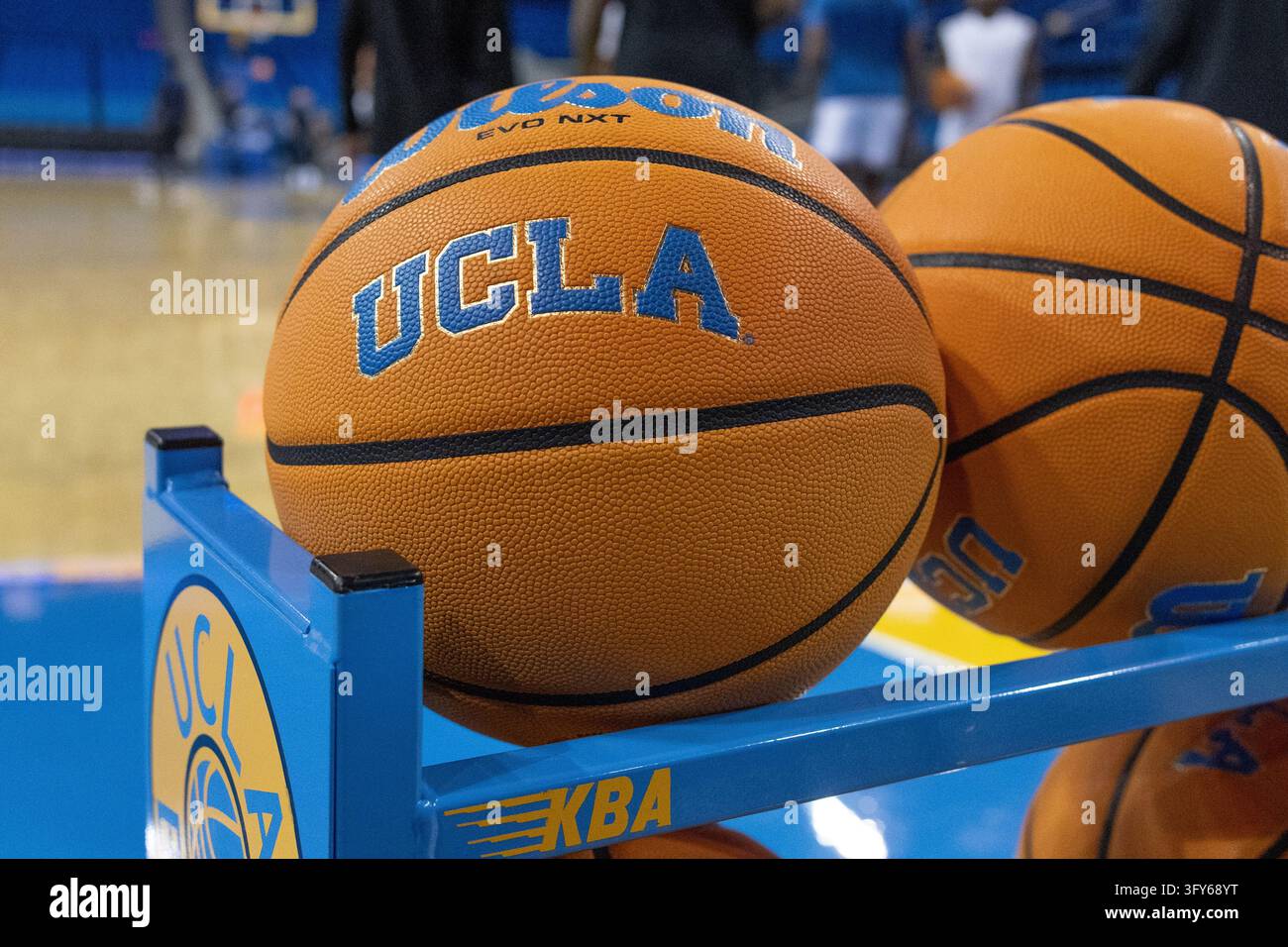 LOS ANGELES, CA - OCTOBER 21: A basketball with the UCLA logo sits on a ...
