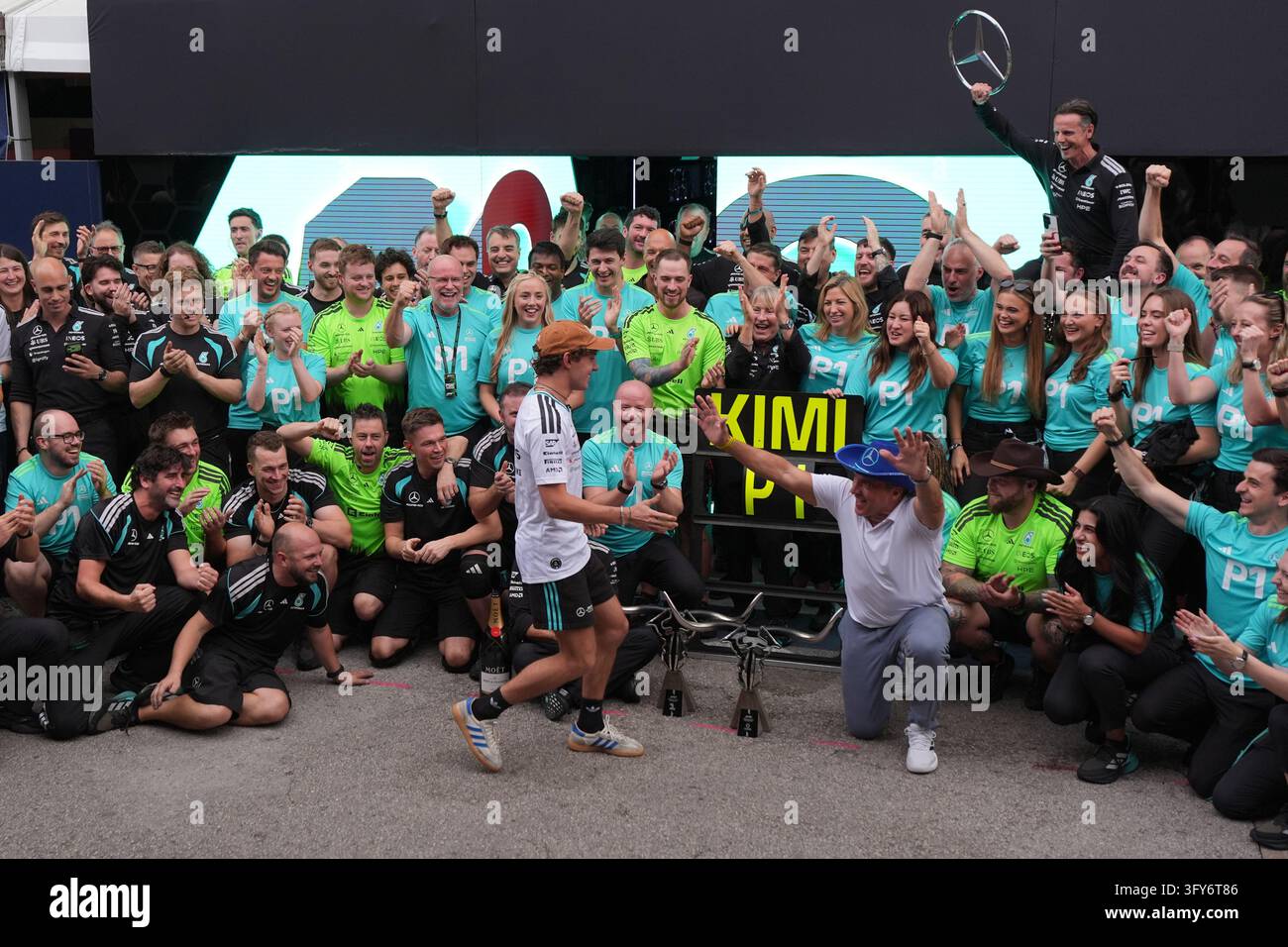 Mercedes driver Andrea Kimi Antonelli of Italy, center, celebrates ...