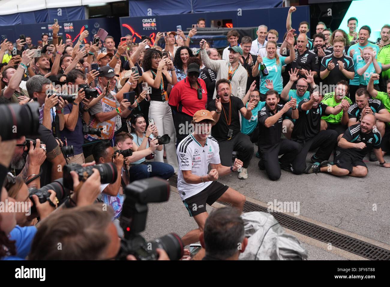 Mercedes driver Andrea Kimi Antonelli of Italy, center, celebrates ...