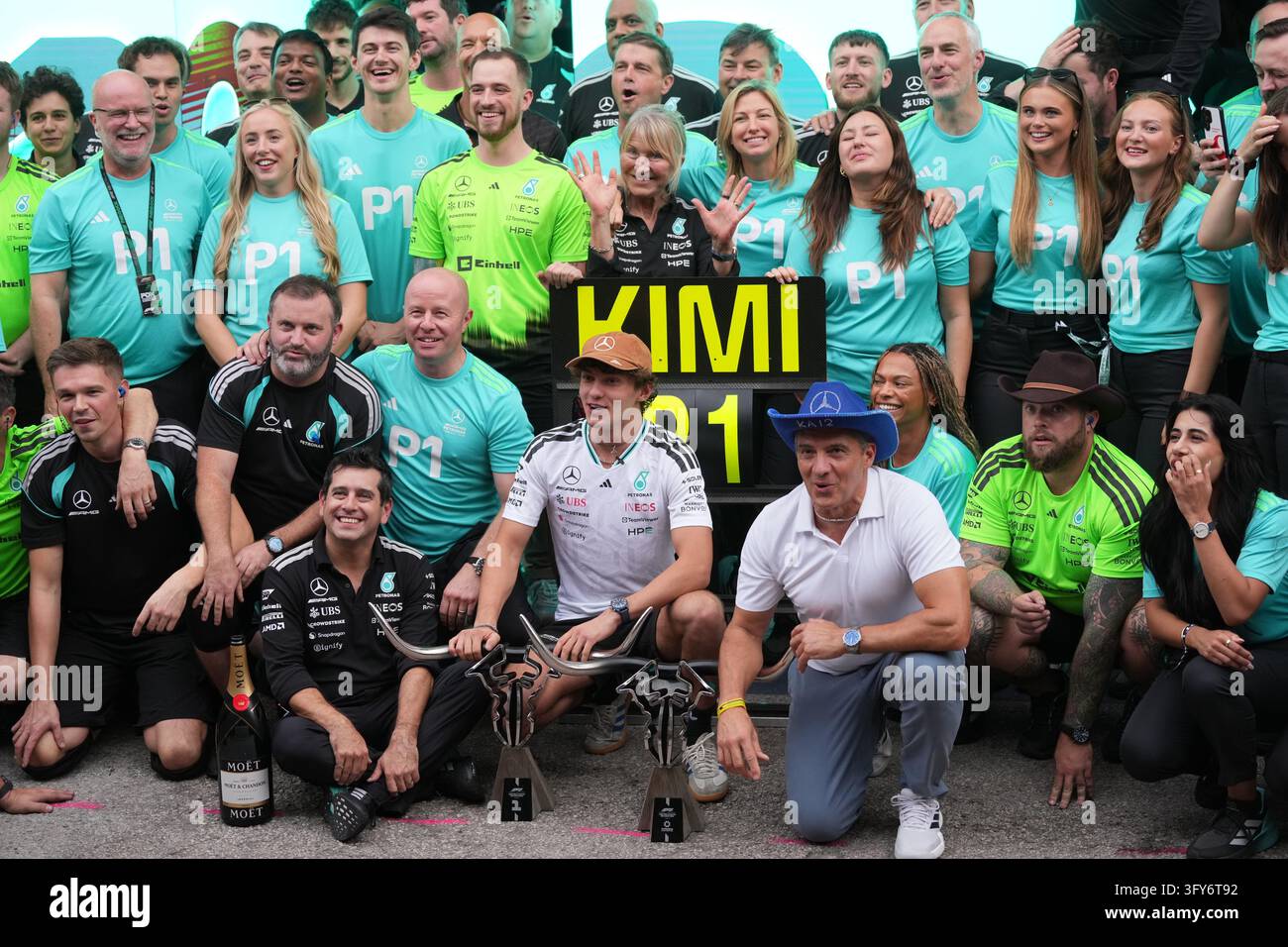 Mercedes driver Andrea Kimi Antonelli of Italy, center, celebrates ...