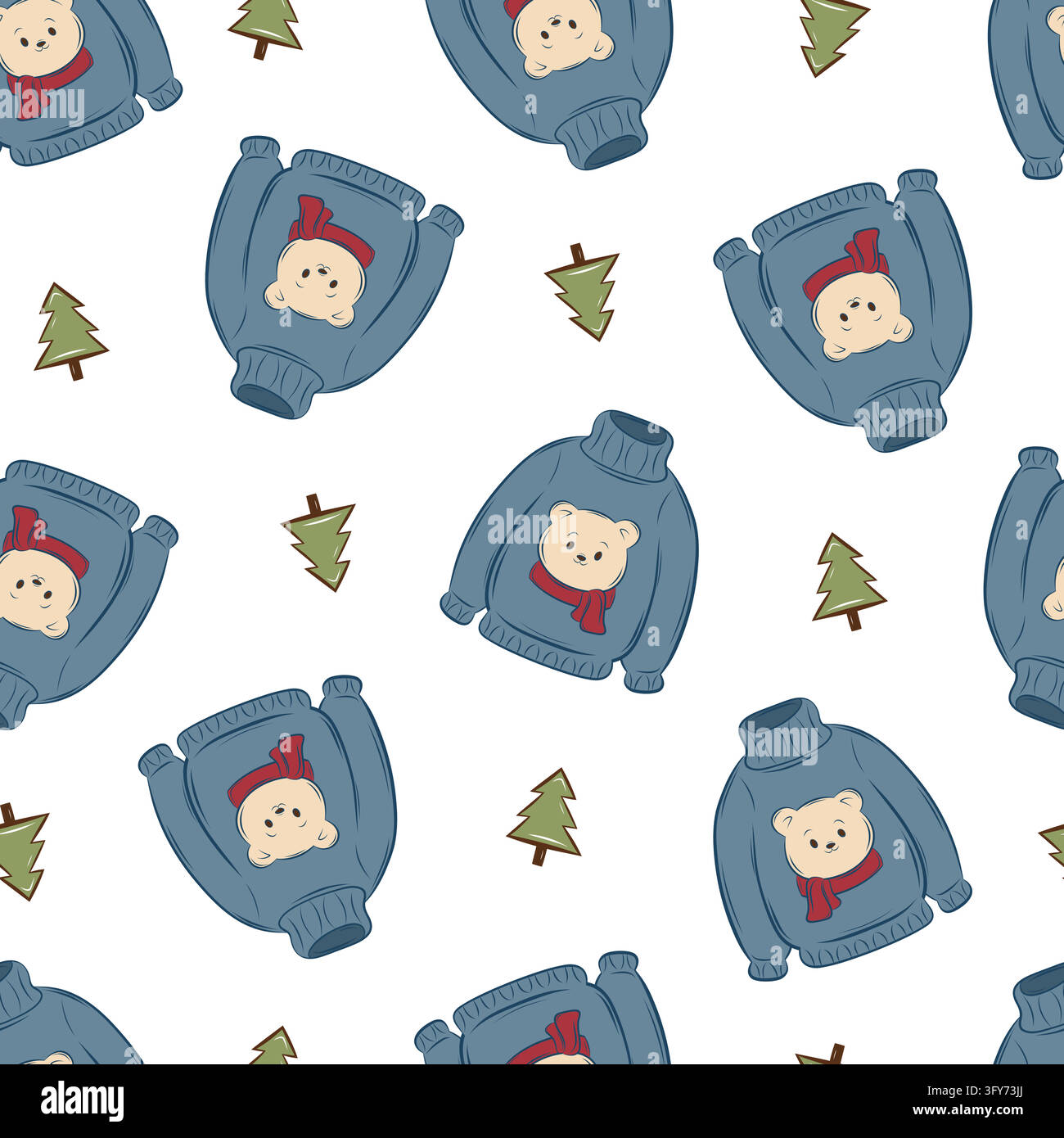 Seamless vector pattern with Christmas sweaters featuring teddy bears and fir trees Stock Vector