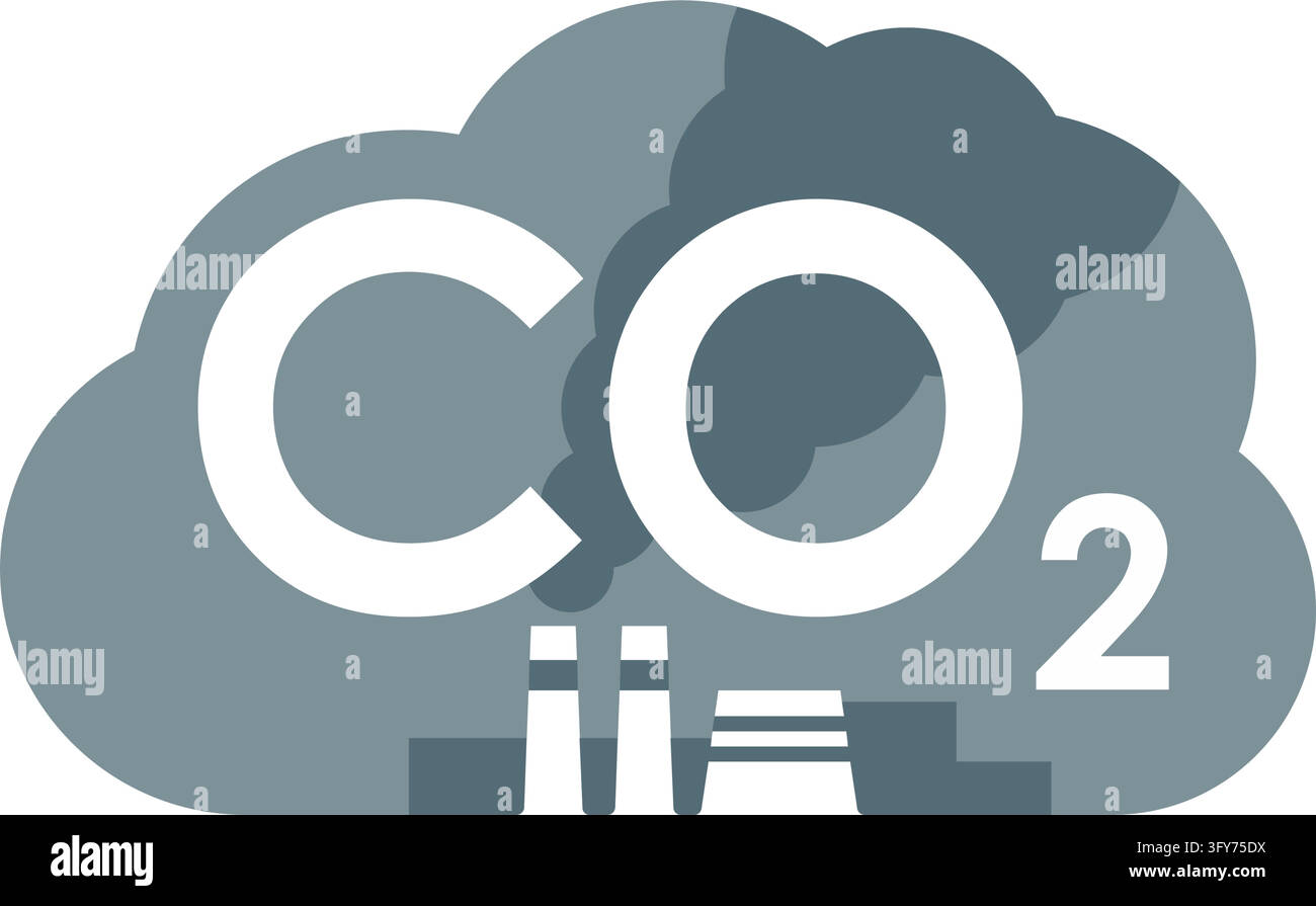CO2 carbon dioxide emissions icon - harmful air carbon contamination emblem with smoking cooling towers inside O letter - isolated vector Stock Vector
