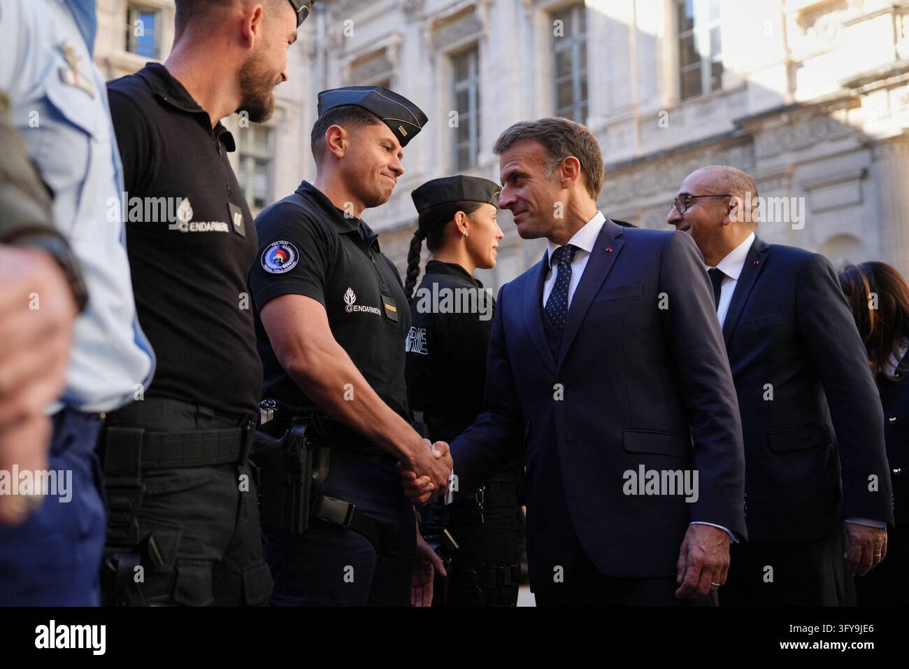 French President Emmanuel Macron meets with the police force in ...