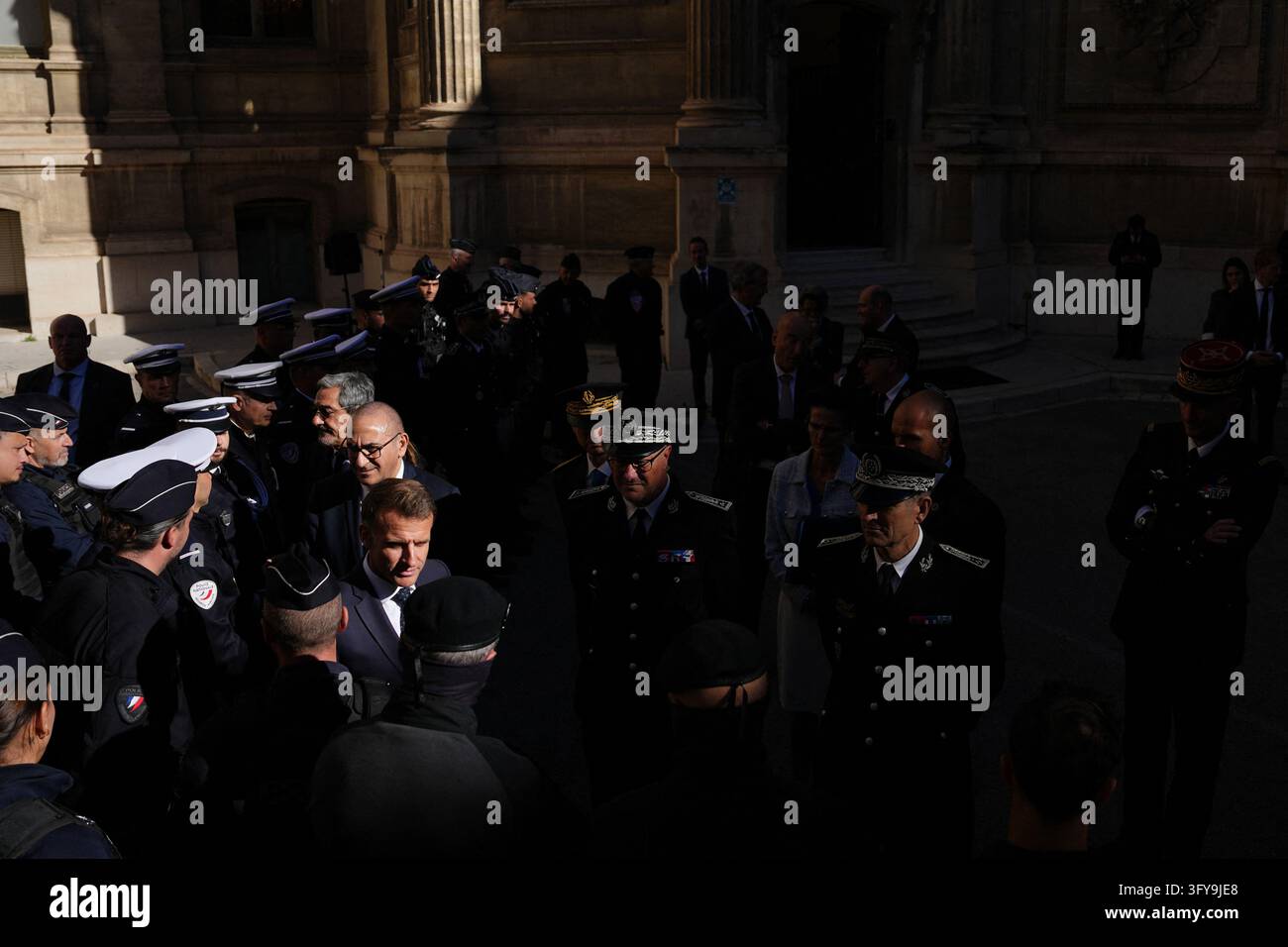 French President Emmanuel Macron meets with the police force in ...