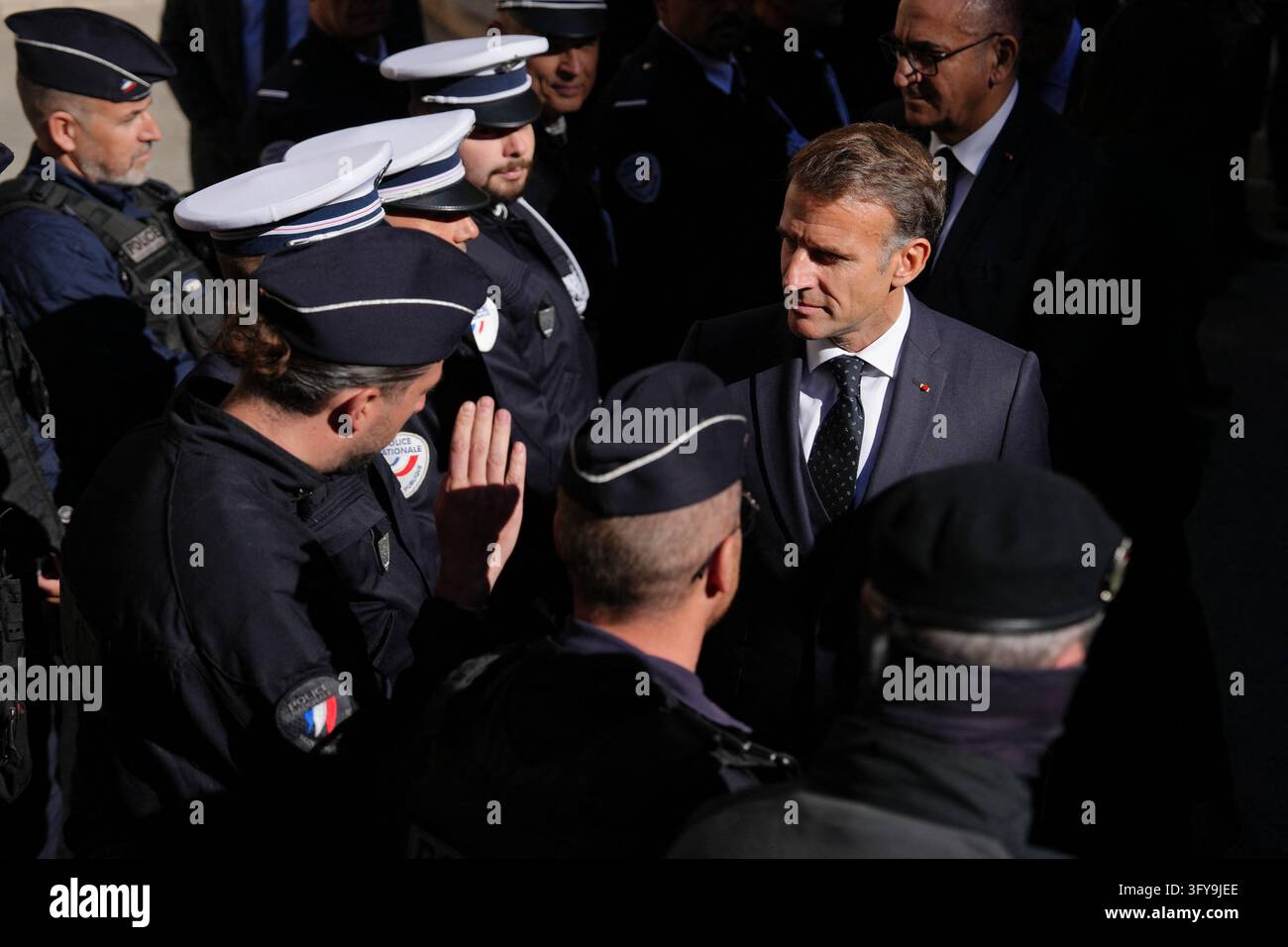 French President Emmanuel Macron meets with the police force in ...