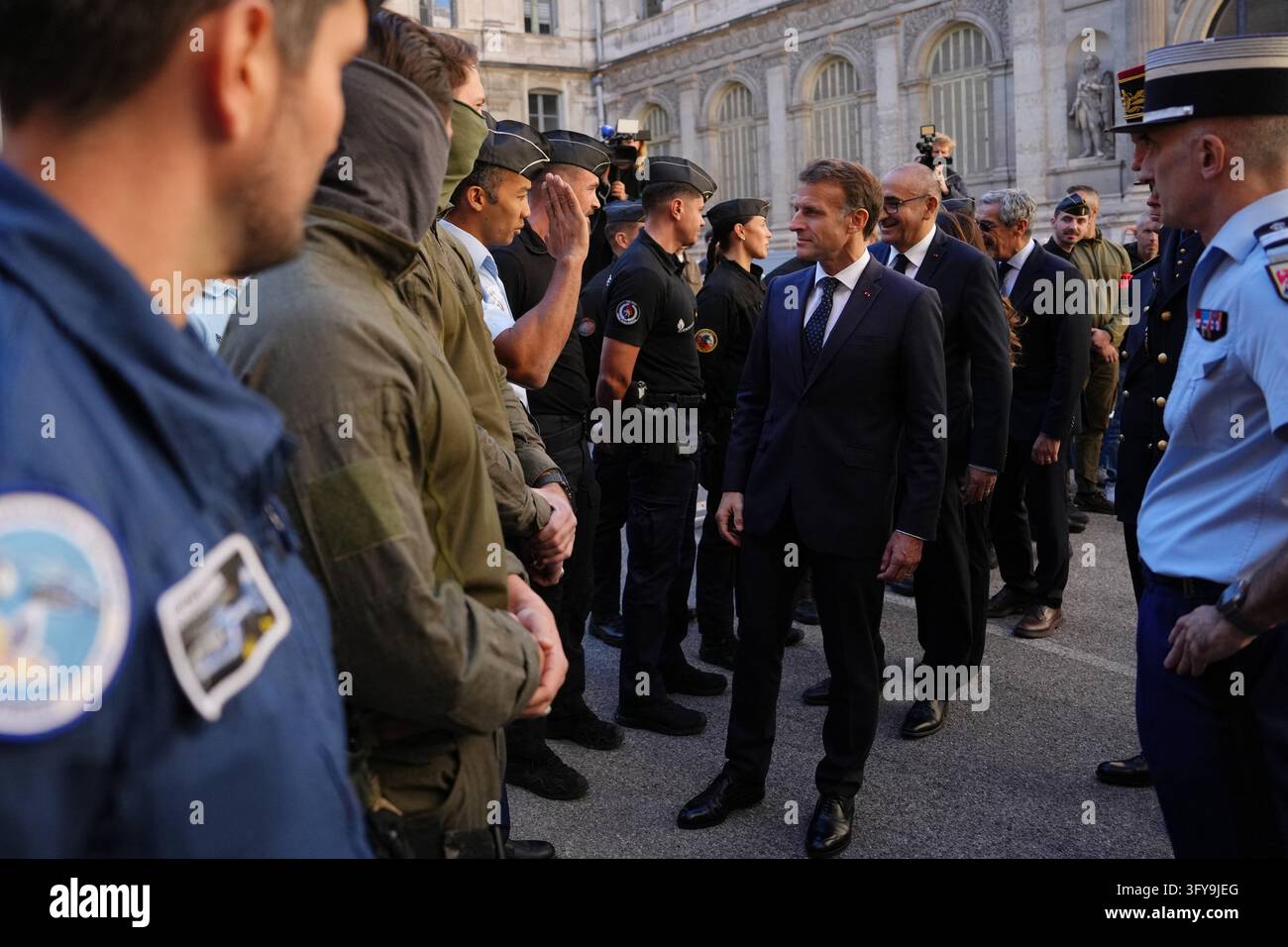 French President Emmanuel Macron meets with the police force in ...
