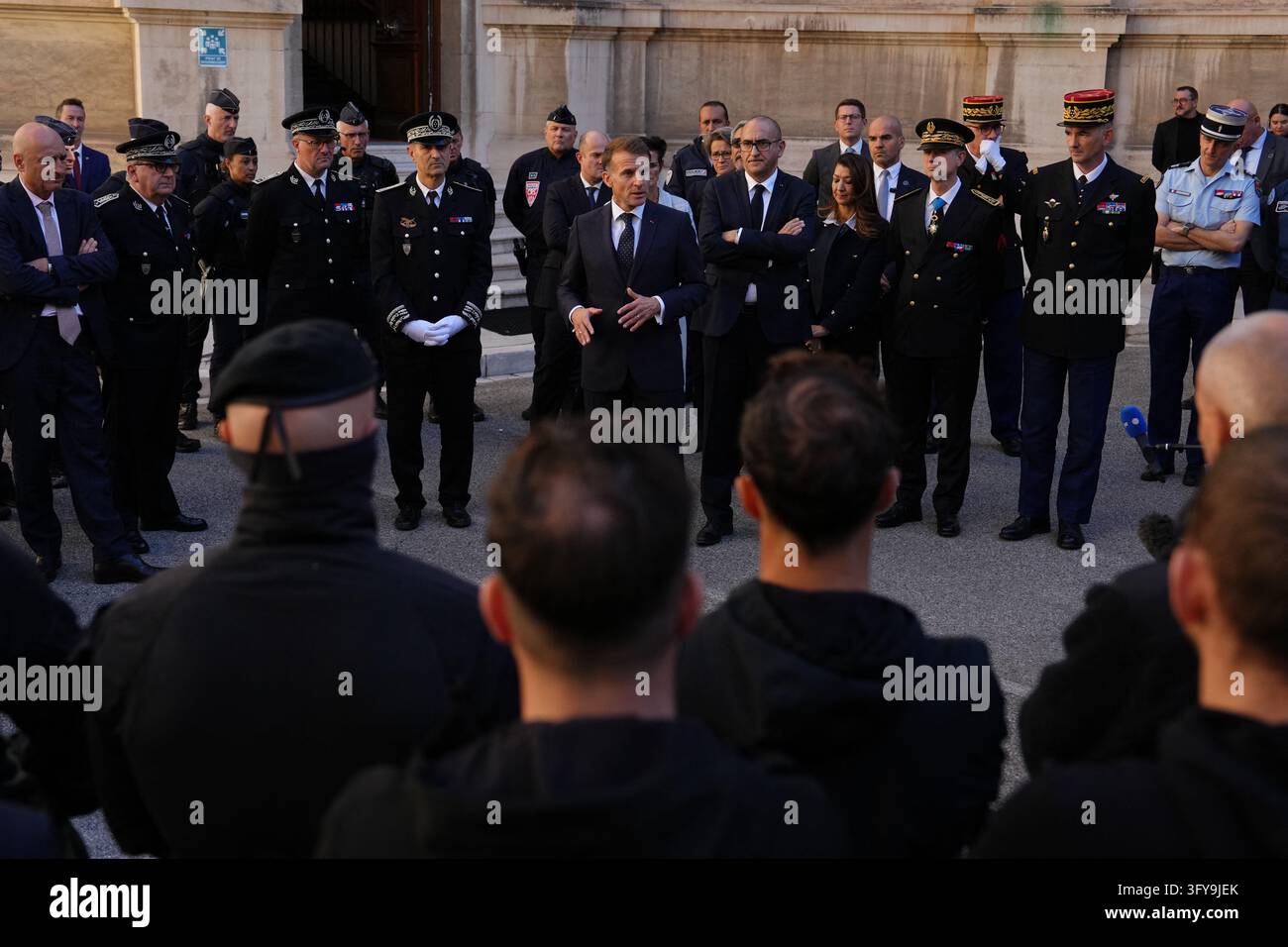 French President Emmanuel Macron meets with the police force at the ...