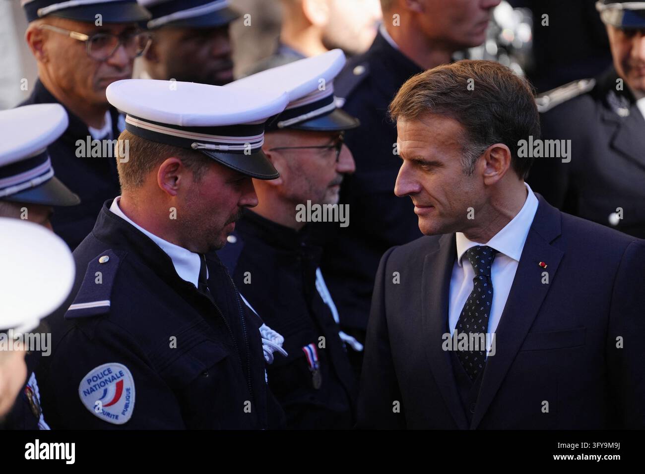 French President Emmanuel Macron meets with the police force in ...