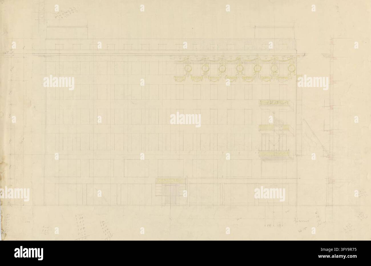 Watercolor Window Spring Background Rental house Künstlerhof, elevation, section of the wall, Otto Wagner ...