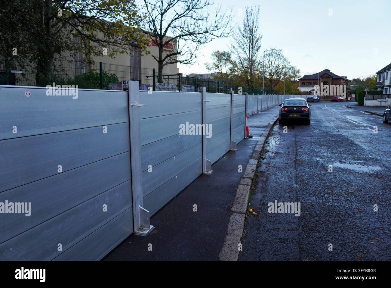 Belfast, United Kingdom, 26/10/2026: Temporary flood defence barriers ...