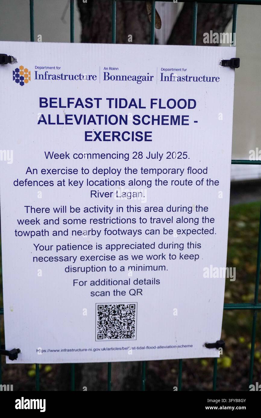 Belfast, United Kingdom, 26/10/2026: Temporary flood defence barriers ...
