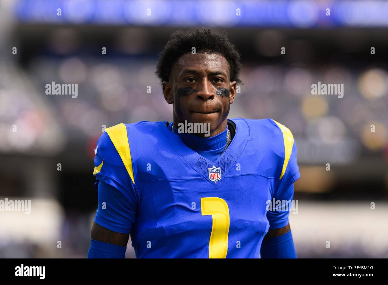 Los Angeles Rams cornerback Emmanuel Forbes Jr. (1) walks on the field ...
