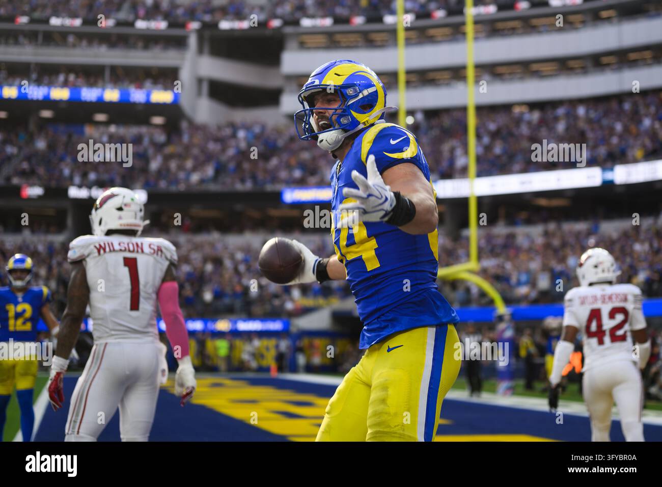 Los Angeles Rams tight end Colby Parkinson (84) reacts during an NFL ...