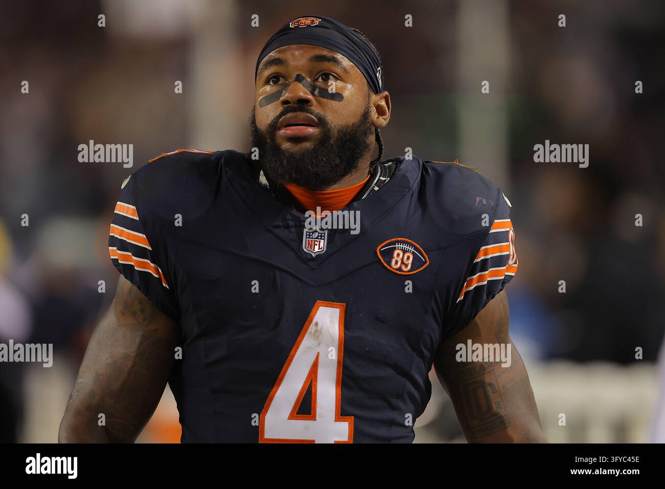 Chicago Bears running back D'Andre Swift (4) looks on from the sideline ...