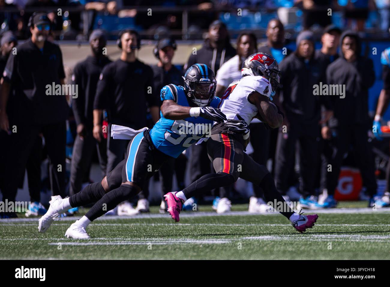 Carolina Panthers linebacker Bobby Okereke (58) tackles Tampa Bay ...