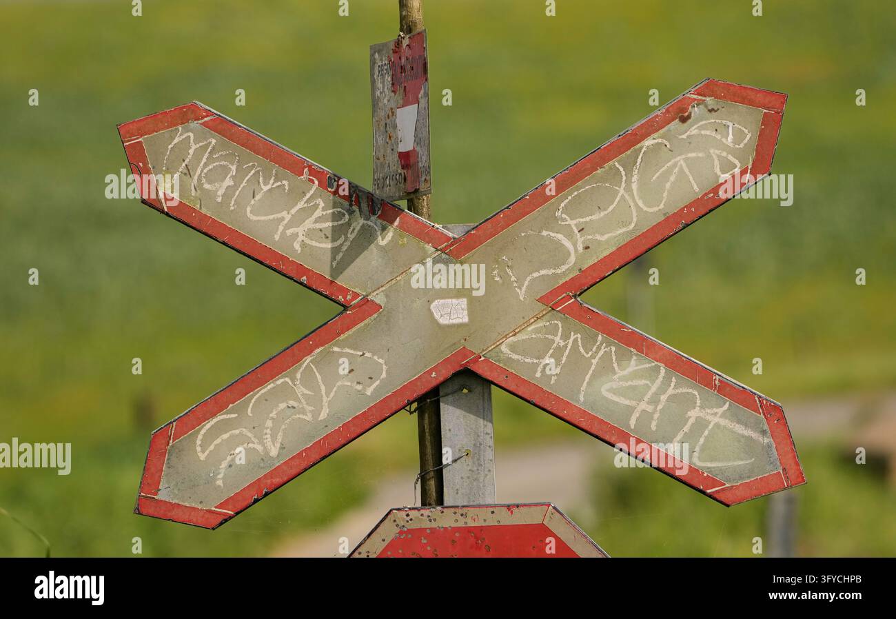 10 April 2026, Spain, Castro Verde: Old signs mark a former railroad ...
