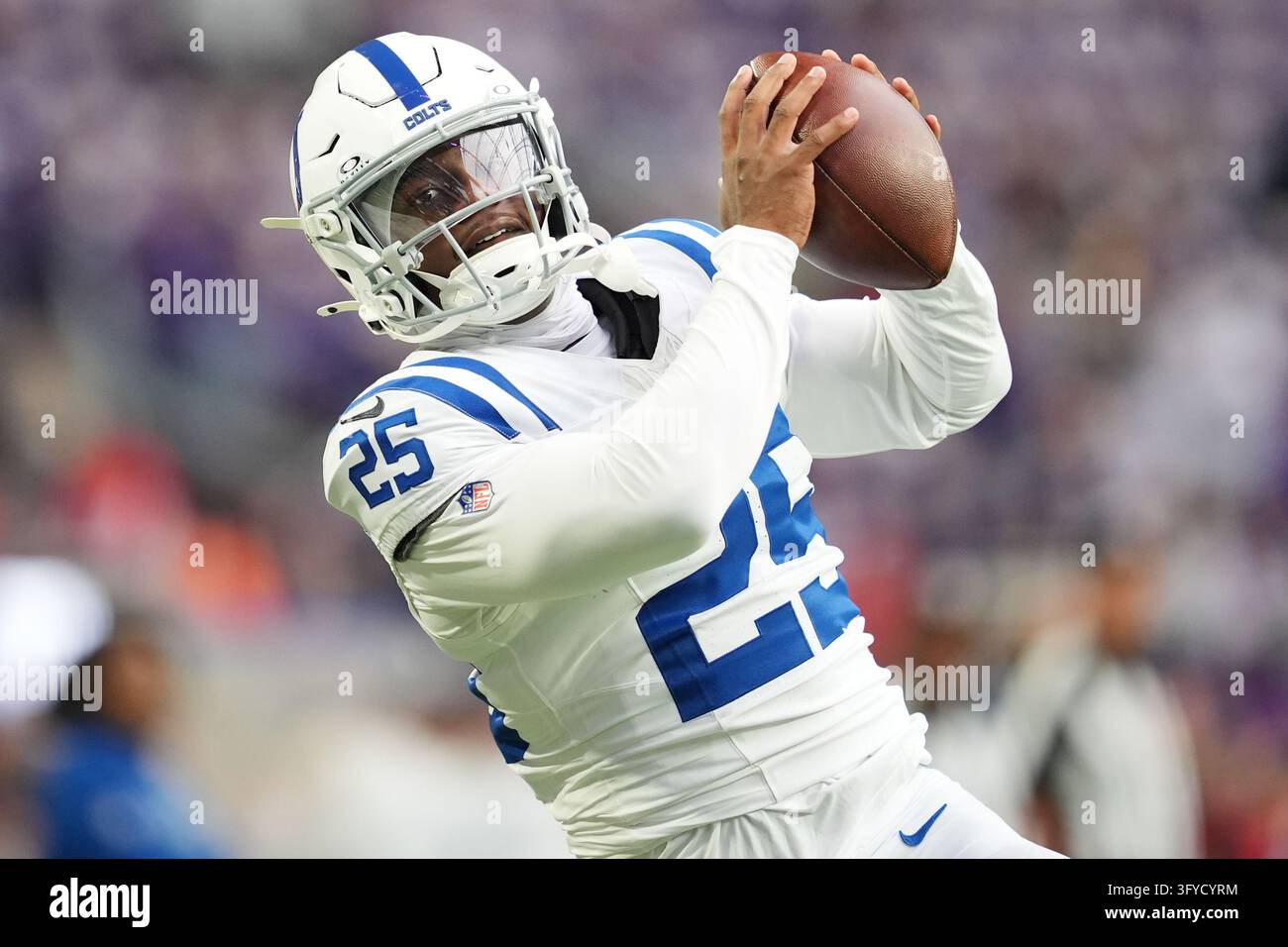 Indianapolis Colts safety A.J. Haulcy warms up before an NFL football ...