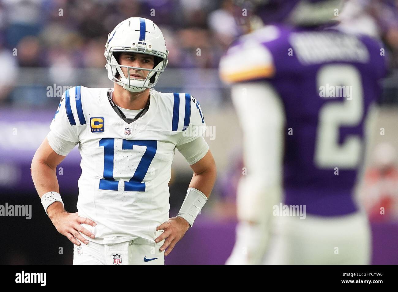 Indianapolis Colts quarterback Daniel Jones reacts during the first ...