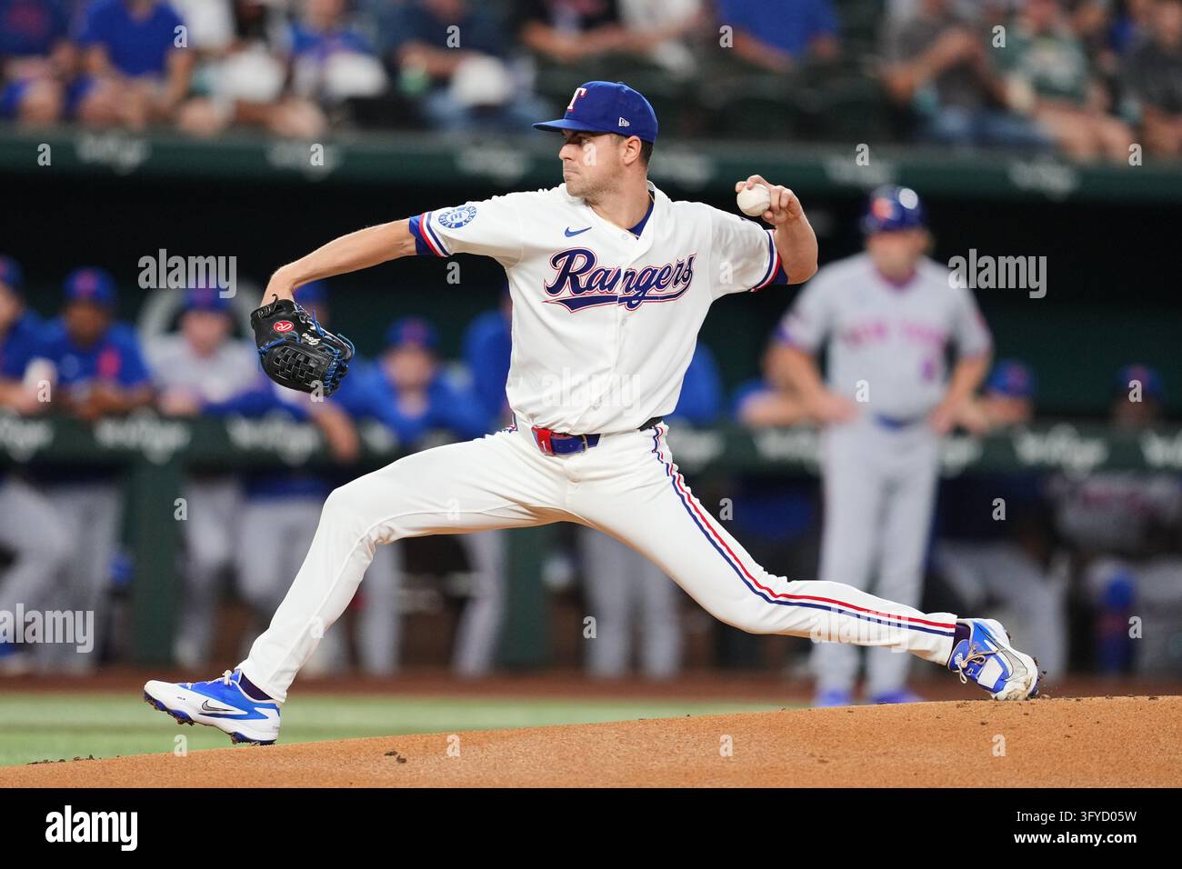 Texac Rangers Texas Rangers pitcher MacKenzie Gore throws to the New York Mets during ...