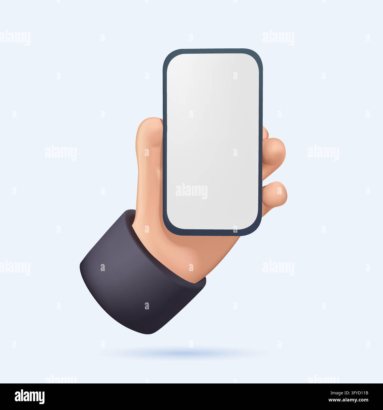 Hand holding a smartphone on a white background. Template. Flat vector illustration. 3D illustration, free to use in website. Phone mockup 3D. Man han Stock Vector