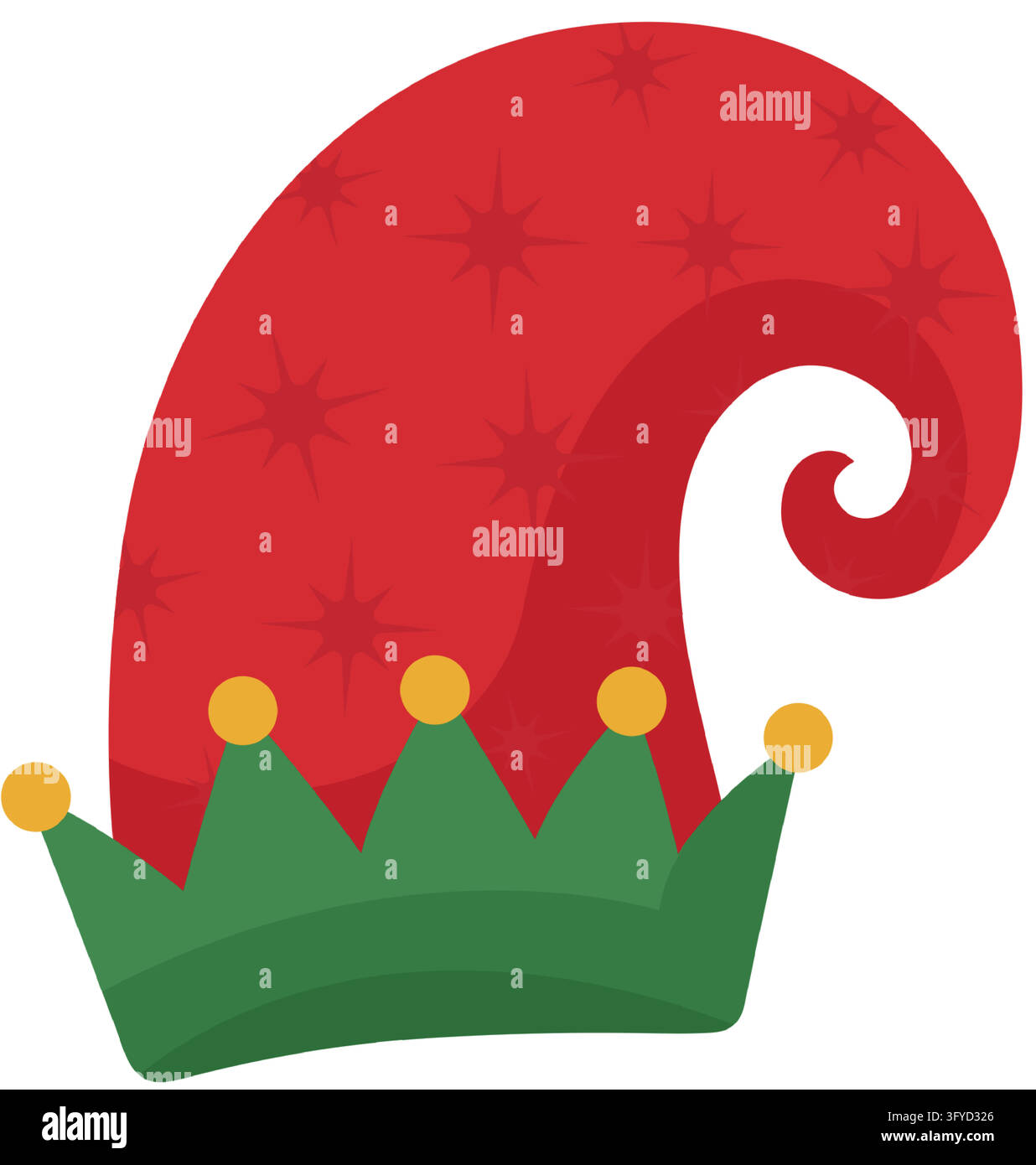 Red curled Christmas elf hat with red star motifs, a green pointed crown brim and small golden ball Stock Vector