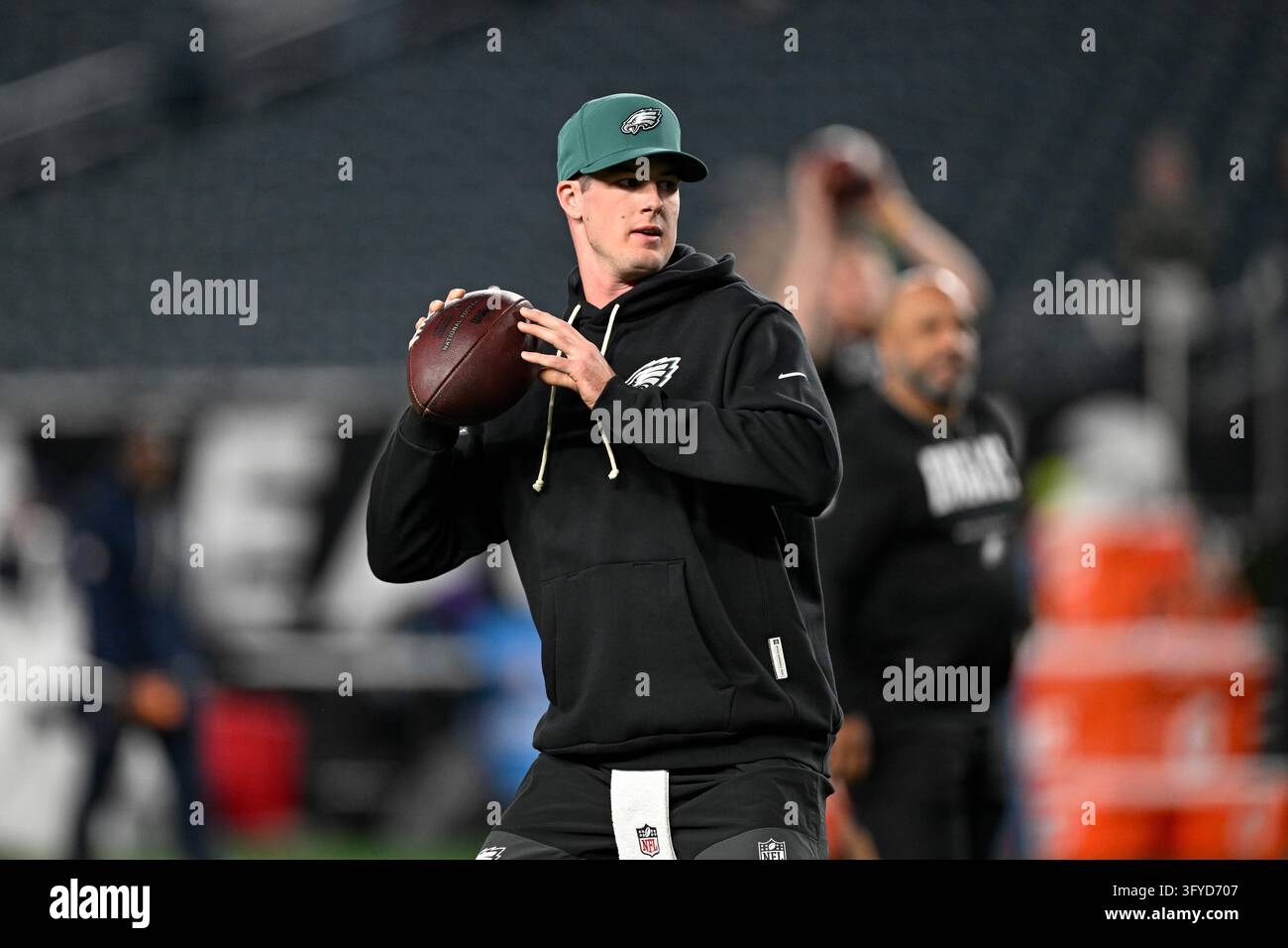 Philadelphia Eagles quarterback Tanner McKee throws during pre-game ...
