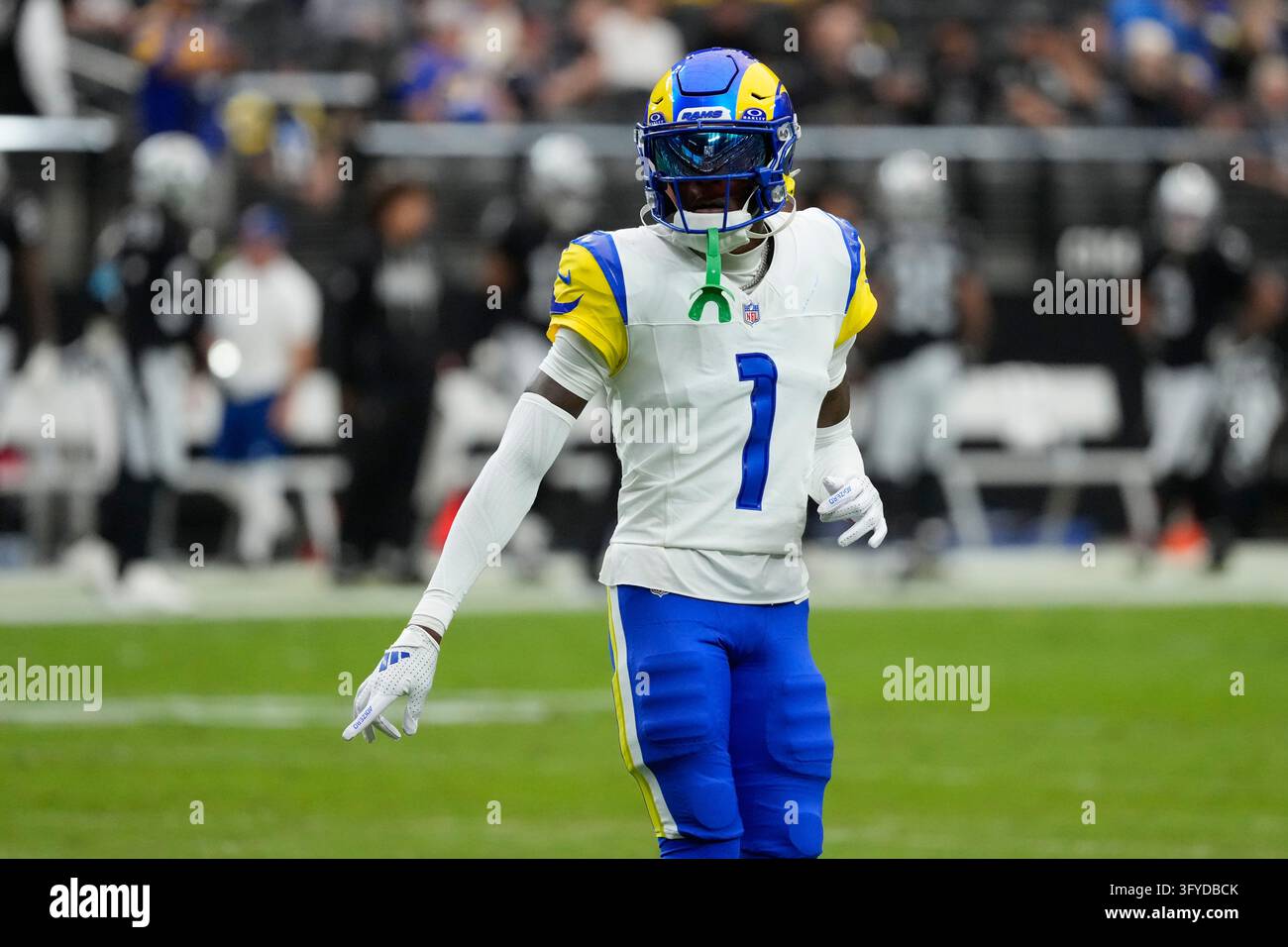 Los Angeles Rams cornerback Emmanuel Forbes Jr. (1) warms up before an ...