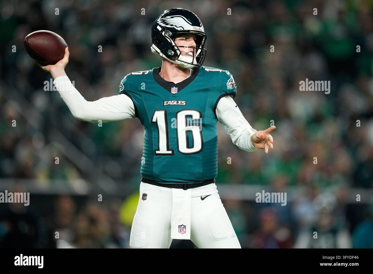 Philadelphia Eagles quarterback Tanner McKee looks to pass during the ...